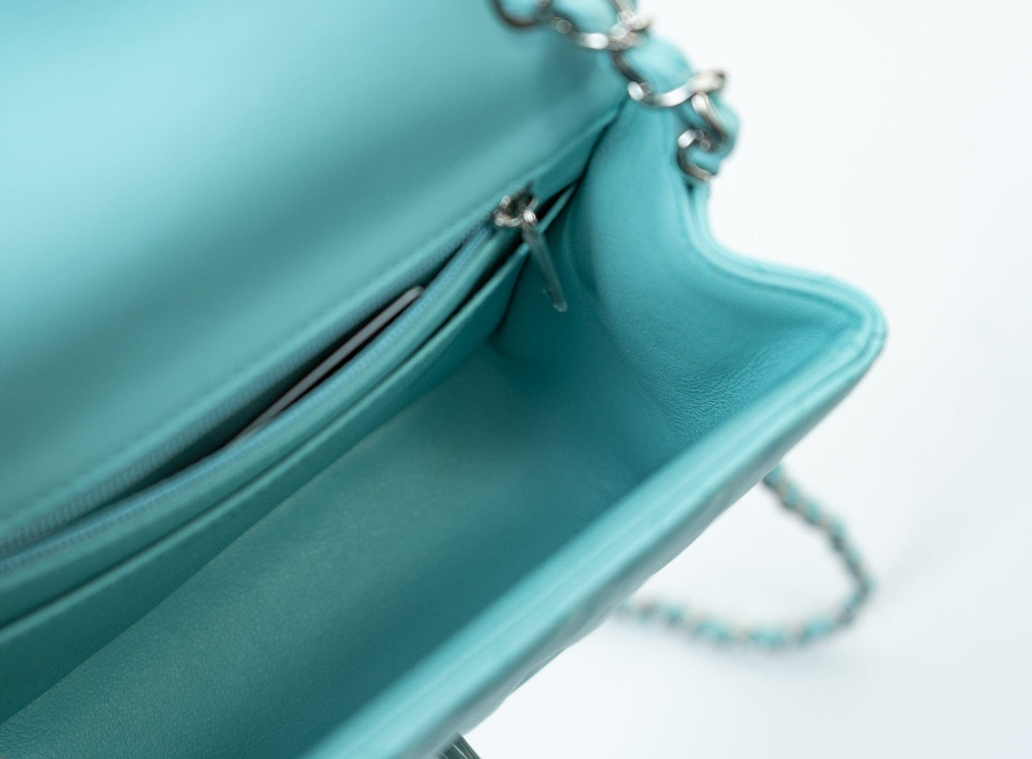 19c Tiffany Blue Lambskin Quilted Mini Square Single Flap Silver Hardware