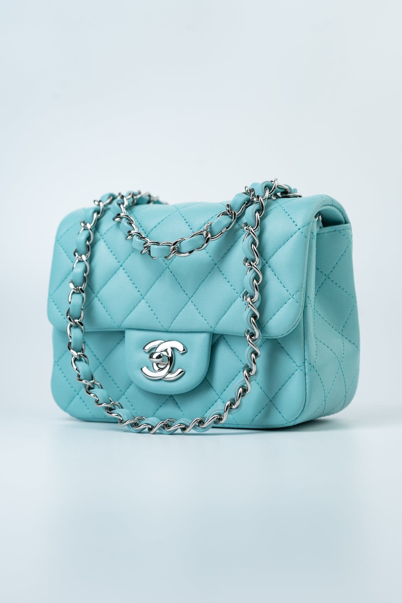 19c Tiffany Blue Lambskin Quilted Mini Square Single Flap Silver Hardware