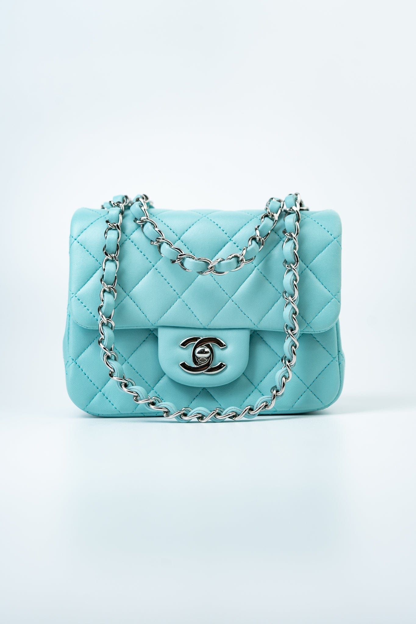 19c Tiffany Blue Lambskin Quilted Mini Square Single Flap Silver Hardware