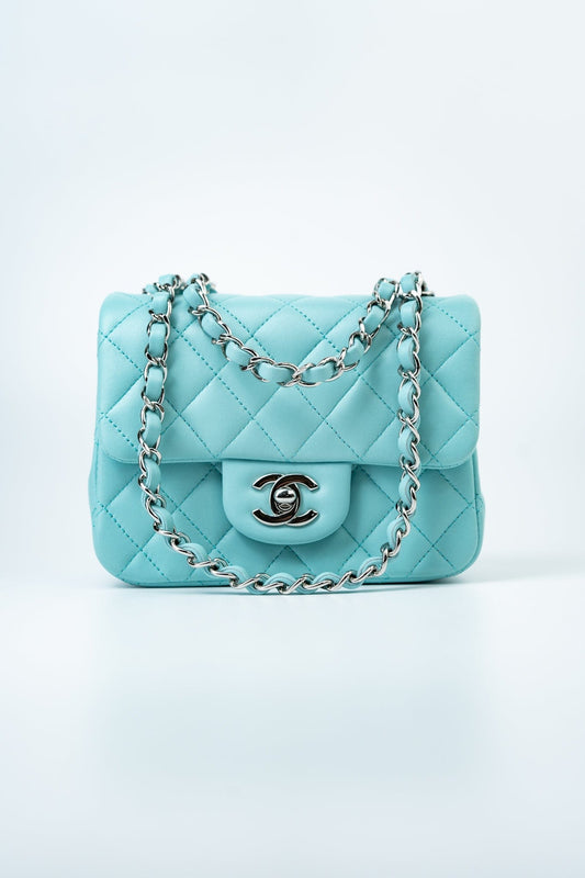 19c Tiffany Blue Lambskin Quilted Mini Square Single Flap Silver Hardware