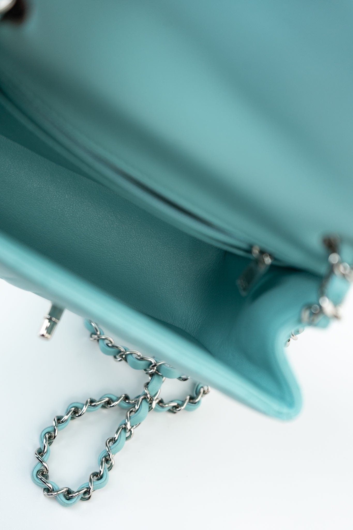 19c Tiffany Blue Lambskin Quilted Mini Square Single Flap Silver Hardware