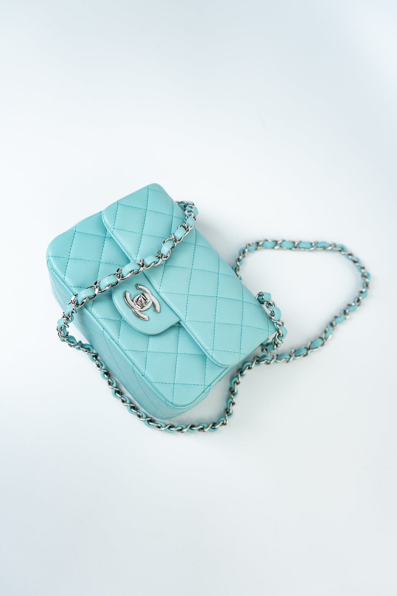 19c Tiffany Blue Lambskin Quilted Mini Square Single Flap Silver Hardware