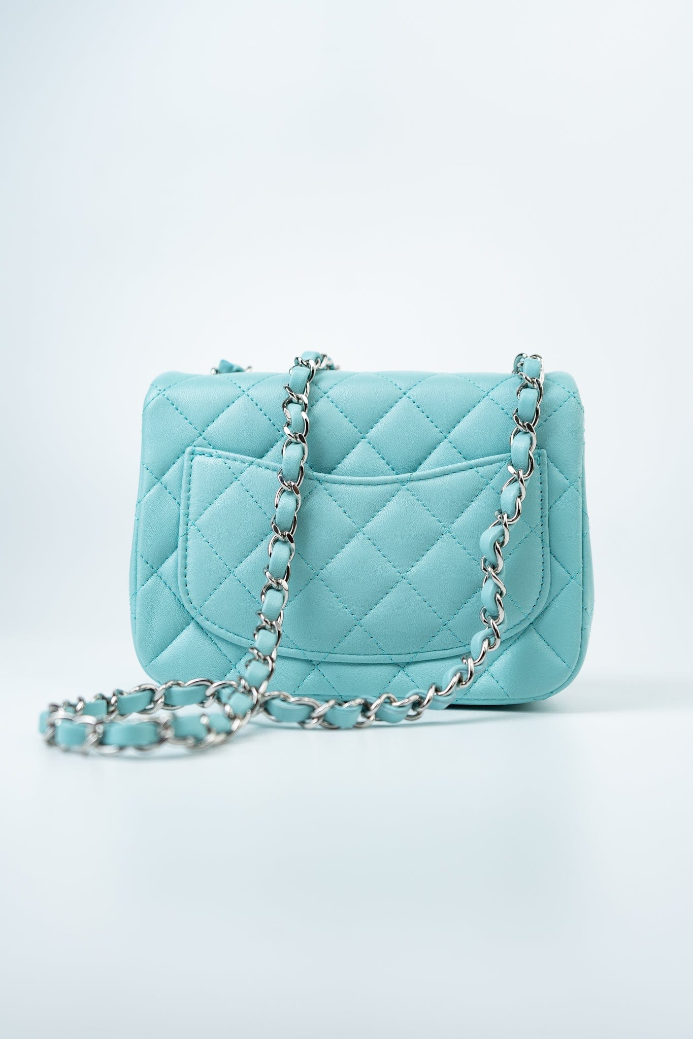19c Tiffany Blue Lambskin Quilted Mini Square Single Flap Silver Hardware