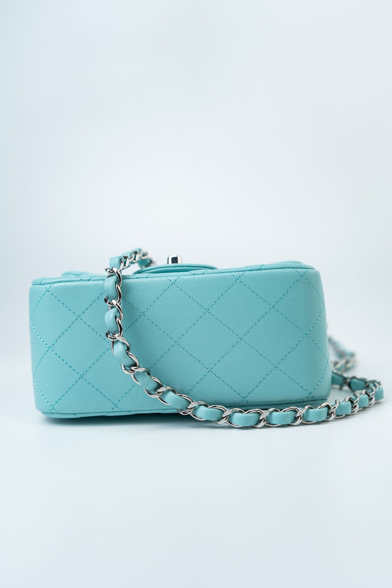 19c Tiffany Blue Lambskin Quilted Mini Square Single Flap Silver Hardware