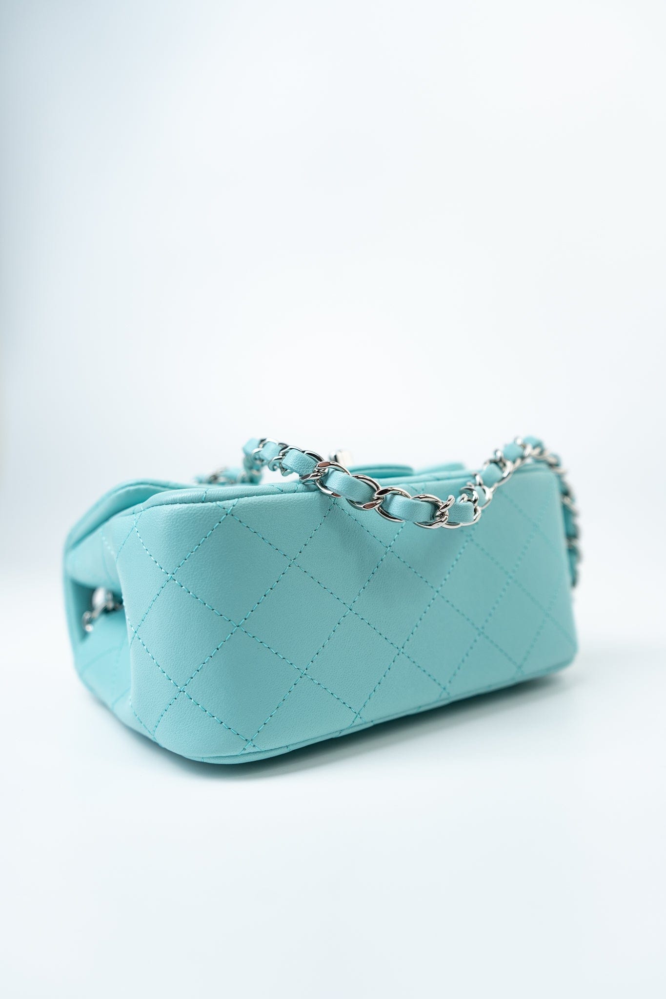 19c Tiffany Blue Lambskin Quilted Mini Square Single Flap Silver Hardware