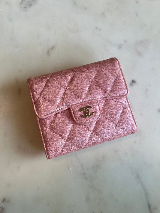 19S Pink Iridescent Caviar Quilted Flap Wallet