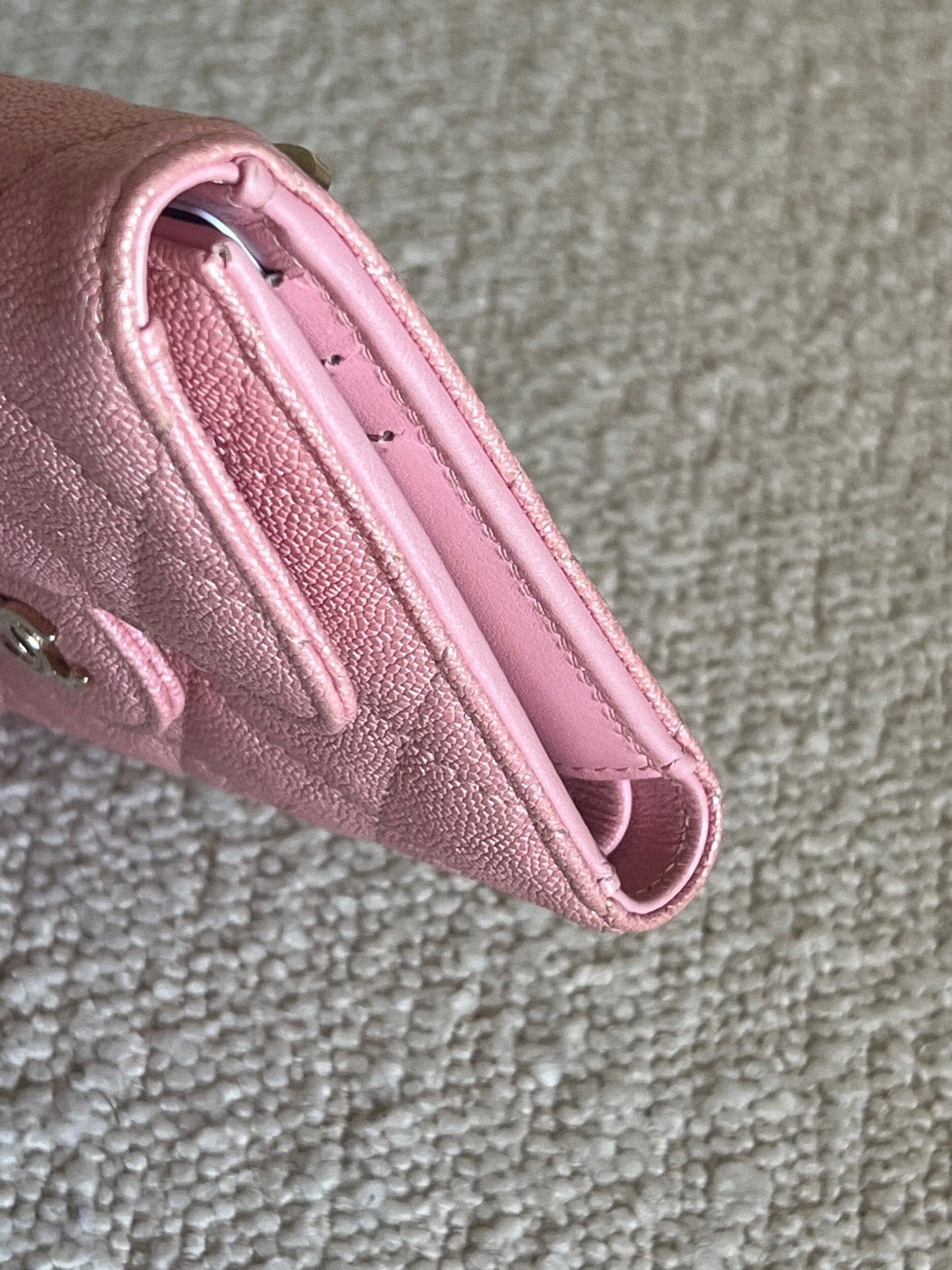 19S Pink Iridescent Caviar Quilted Flap Wallet