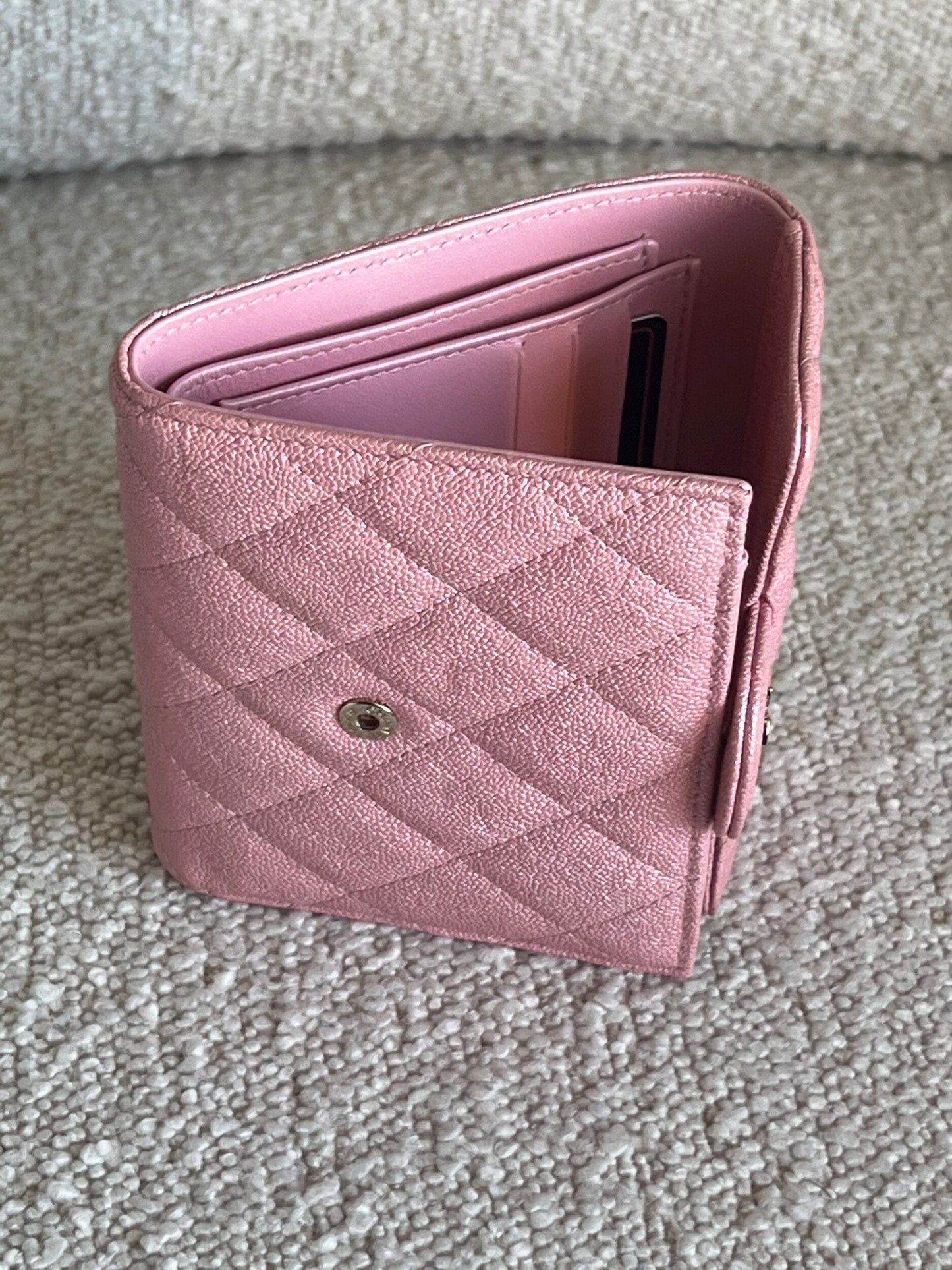 19S Pink Iridescent Caviar Quilted Flap Wallet