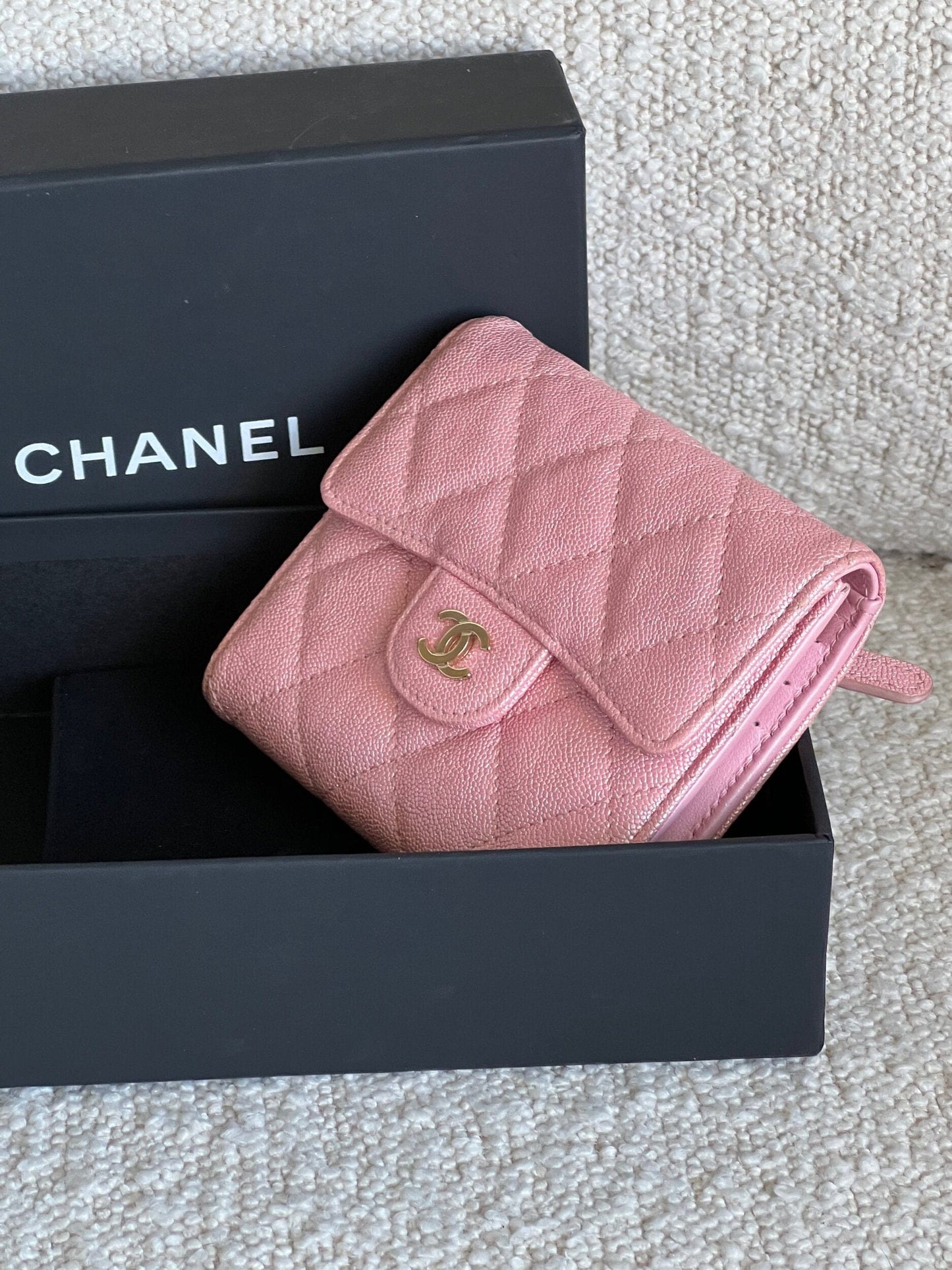 19S Pink Iridescent Caviar Quilted Flap Wallet