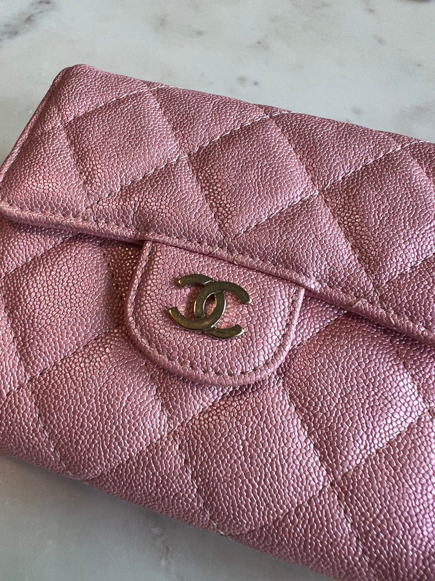 19S Pink Iridescent Caviar Quilted Flap Wallet