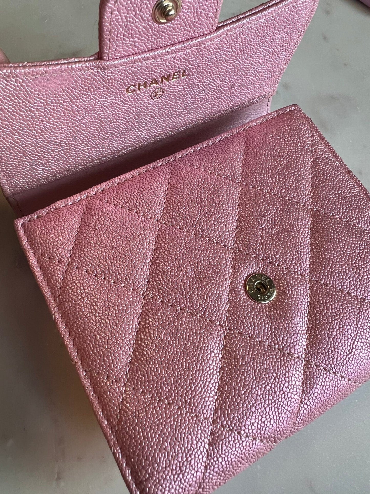 19S Pink Iridescent Caviar Quilted Flap Wallet