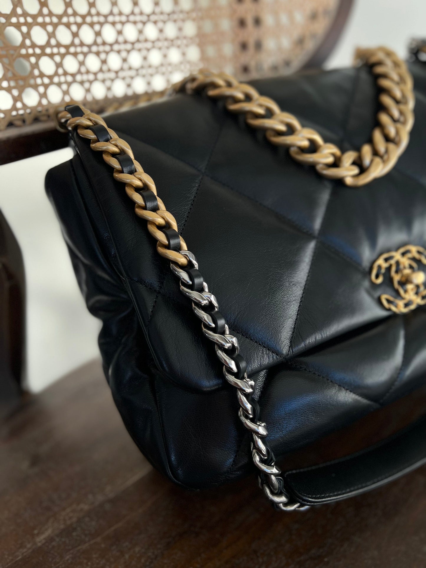 20A Black Goatskin Quilted 19 Flap Maxi Mixed Hardware