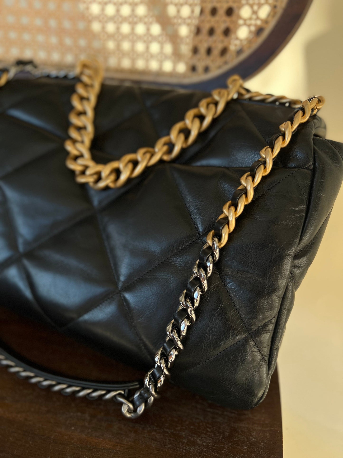 20A Black Goatskin Quilted 19 Flap Maxi Mixed Hardware