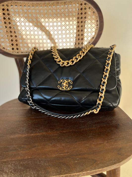 20A Black Goatskin Quilted 19 Flap Maxi Mixed Hardware