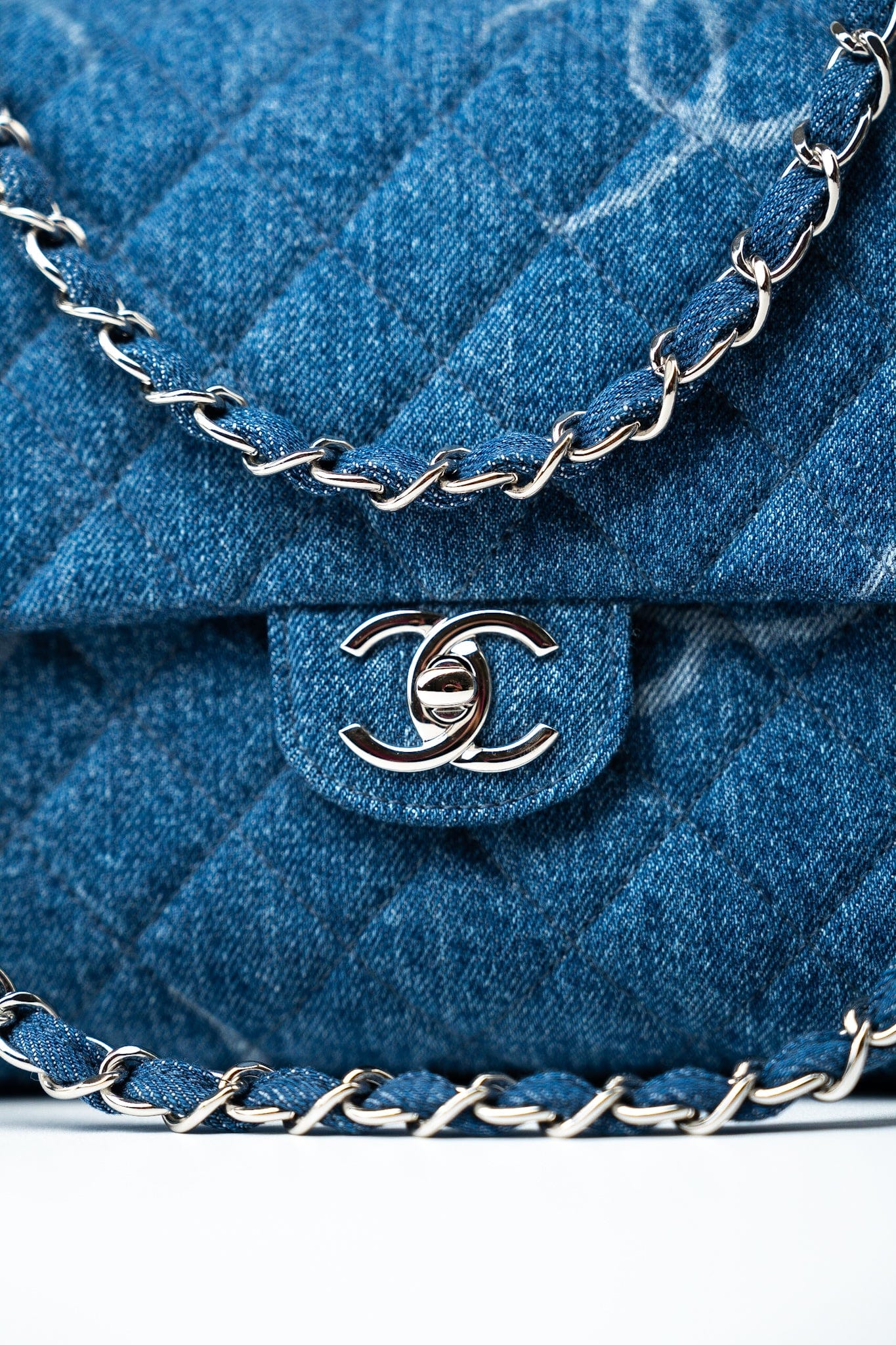 20B Blue Denim Quilted CC Classic Flap Jumbo SHW