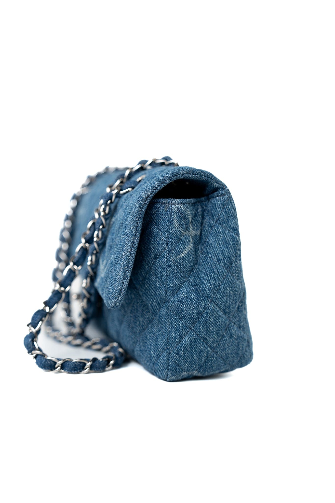 20B Denim Quilted Single Flap Medium Silver Hardware