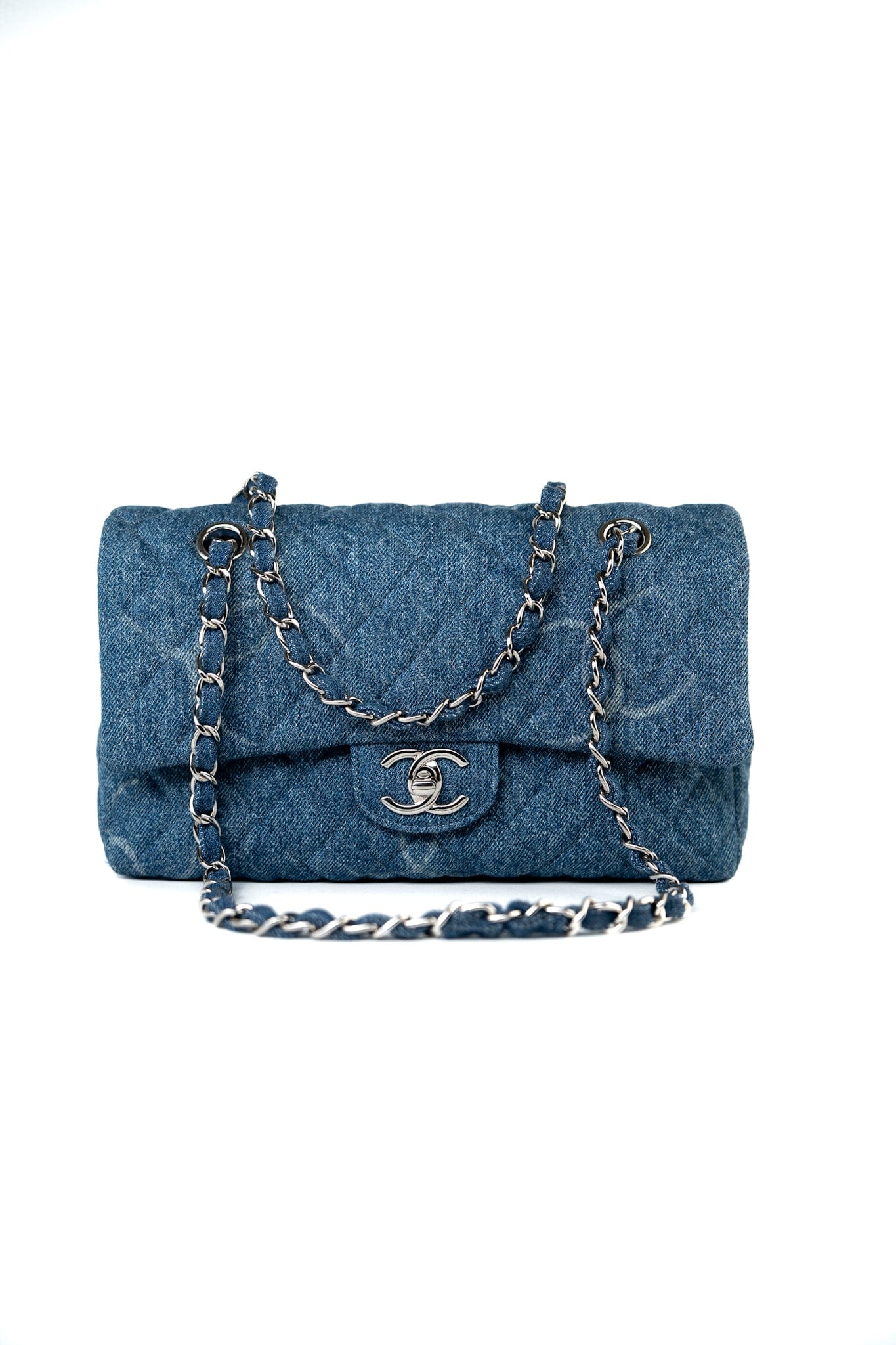 20B Denim Quilted Single Flap Medium Silver Hardware