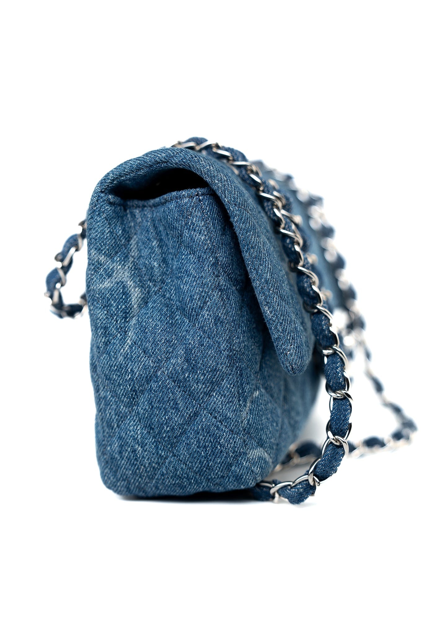 20B Denim Quilted Single Flap Medium Silver Hardware