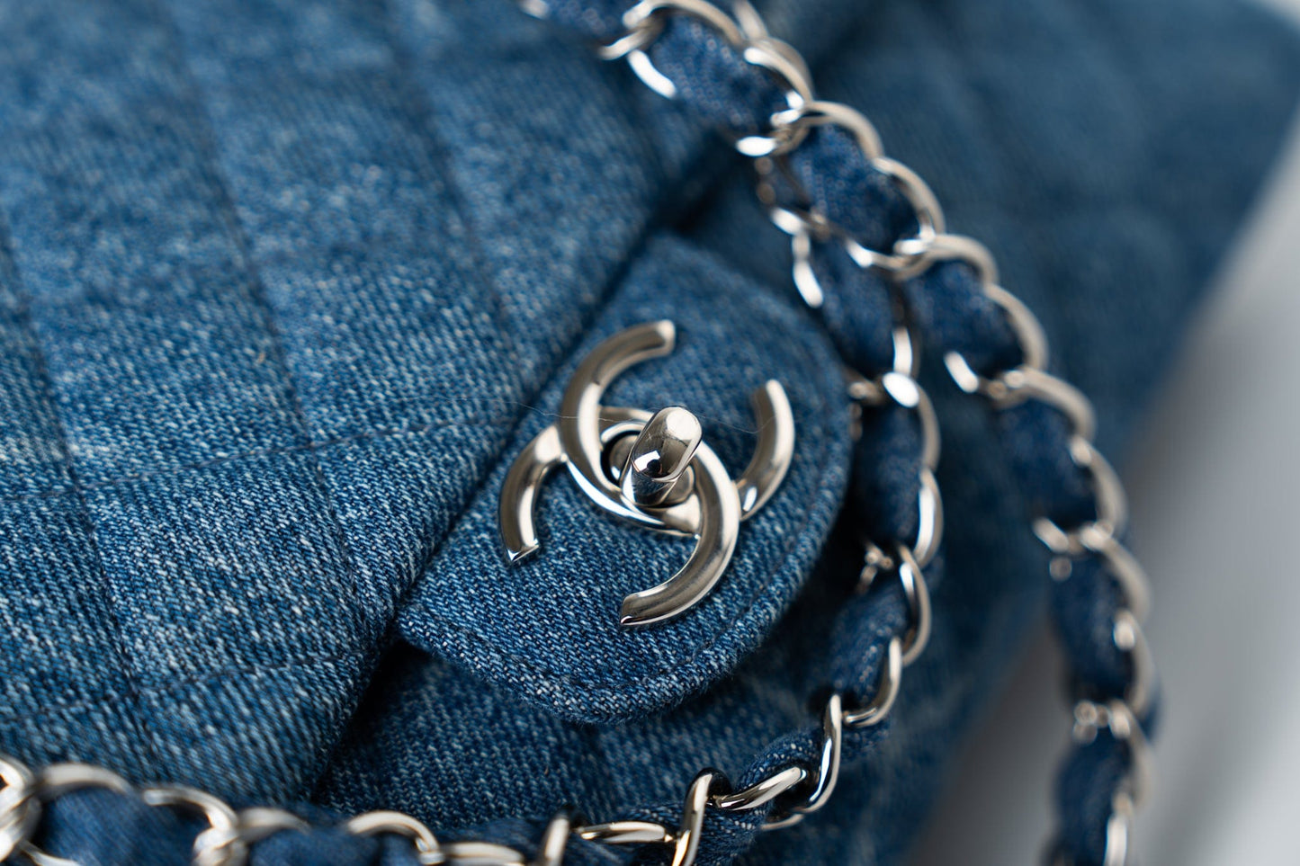 20B Denim Quilted Single Flap Medium Silver Hardware