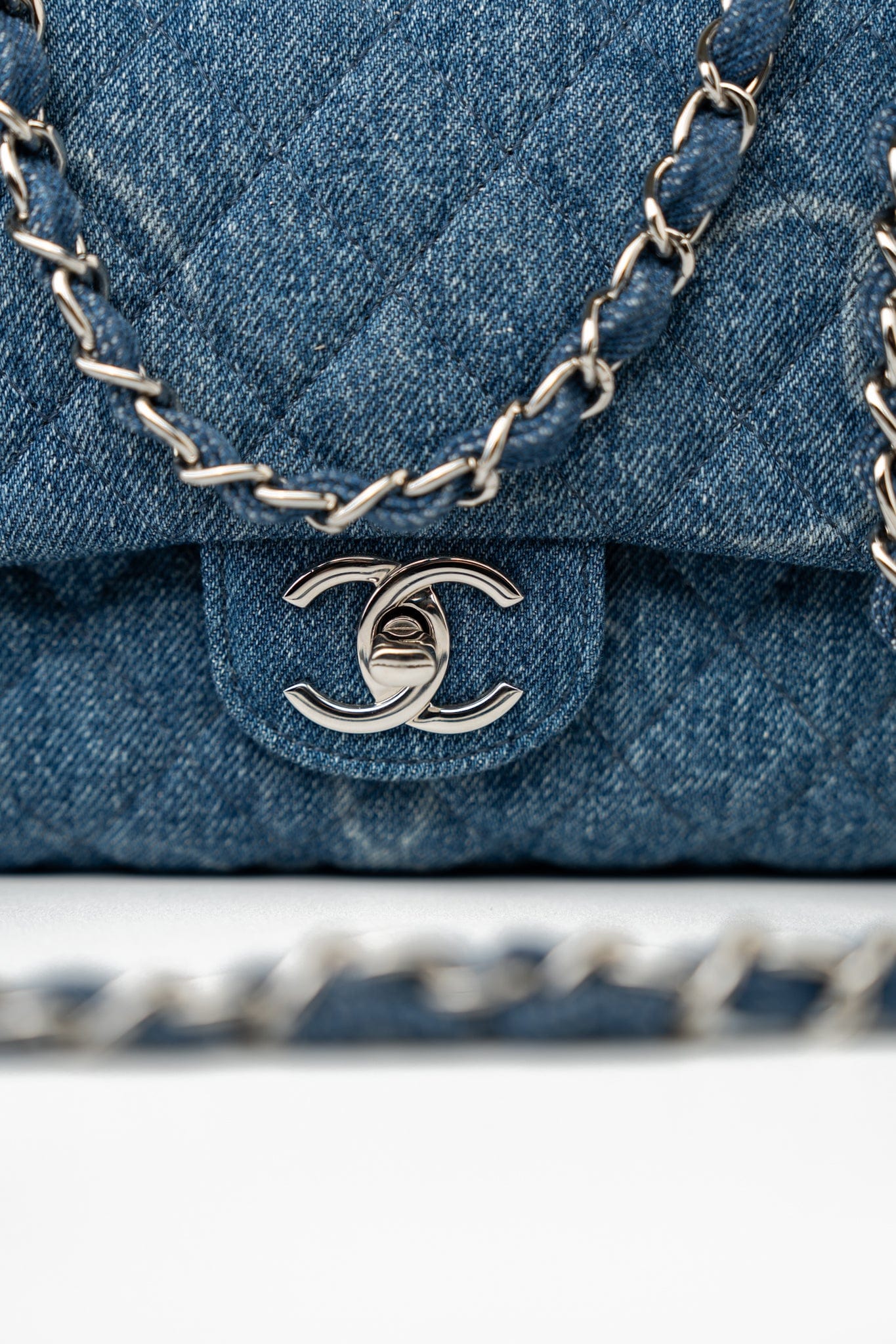 20B Denim Quilted Single Flap Medium Silver Hardware