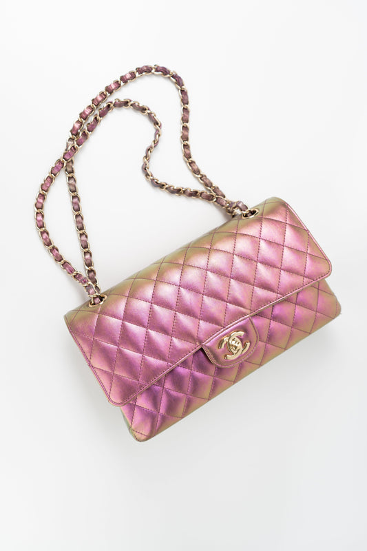 20B Purple Iridescent Lambskin Quilted Classic Flap Medium w/ Edge Stitching