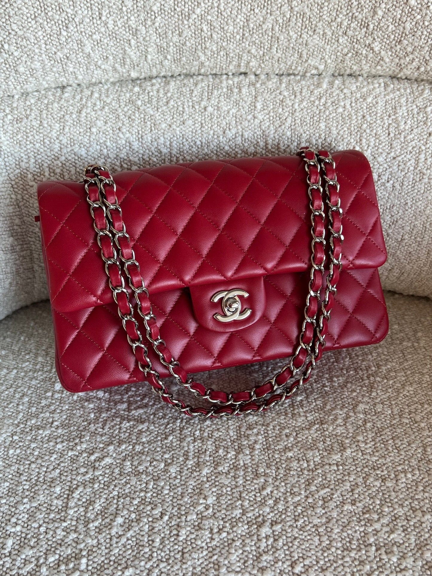 20B Red Lambskin Quilted Classic Flap Medium SHW