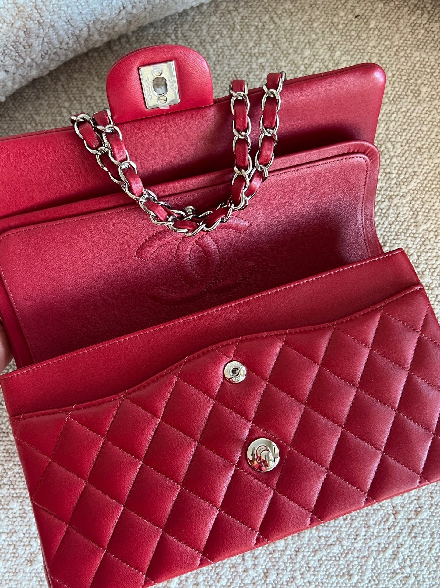 20B Red Lambskin Quilted Classic Flap Medium SHW