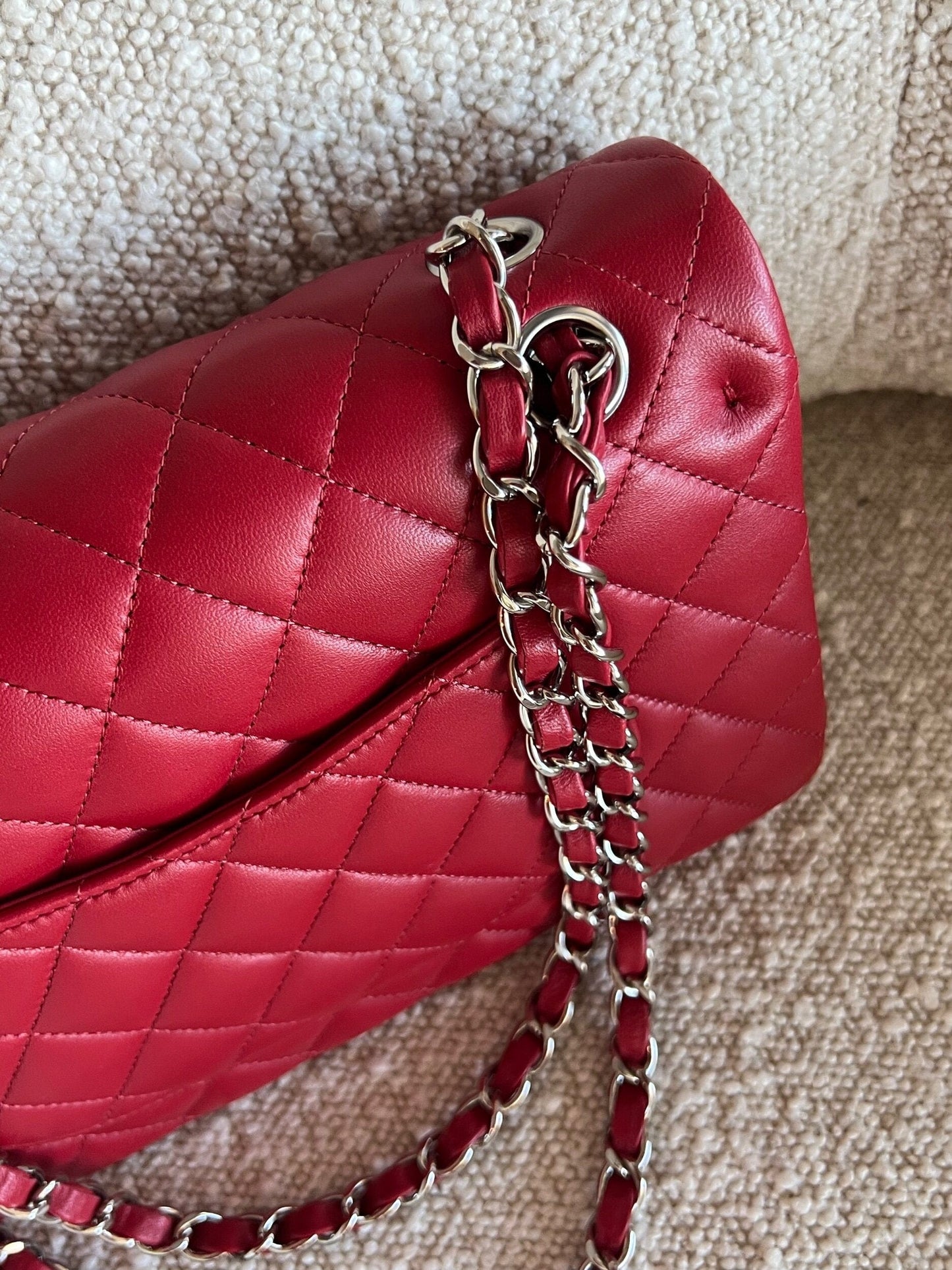 20B Red Lambskin Quilted Classic Flap Medium SHW