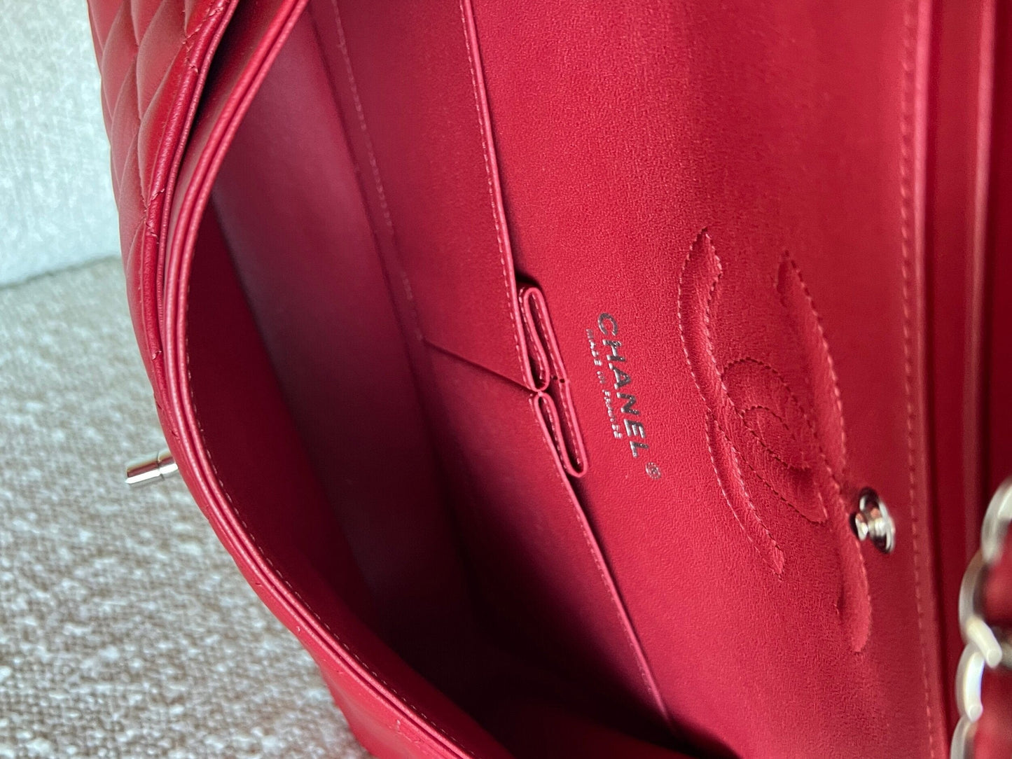 20B Red Lambskin Quilted Classic Flap Medium SHW