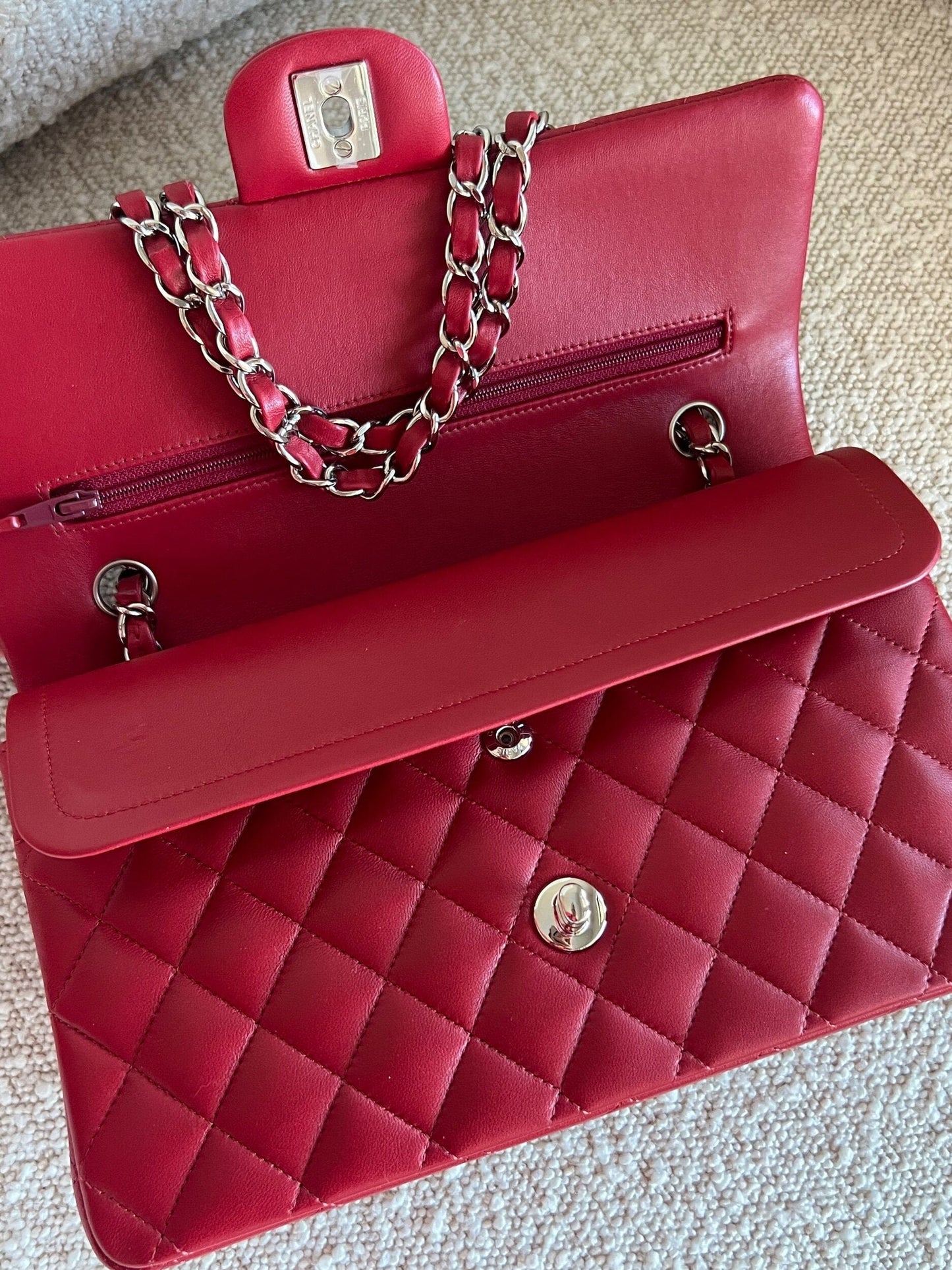 20B Red Lambskin Quilted Classic Flap Medium SHW