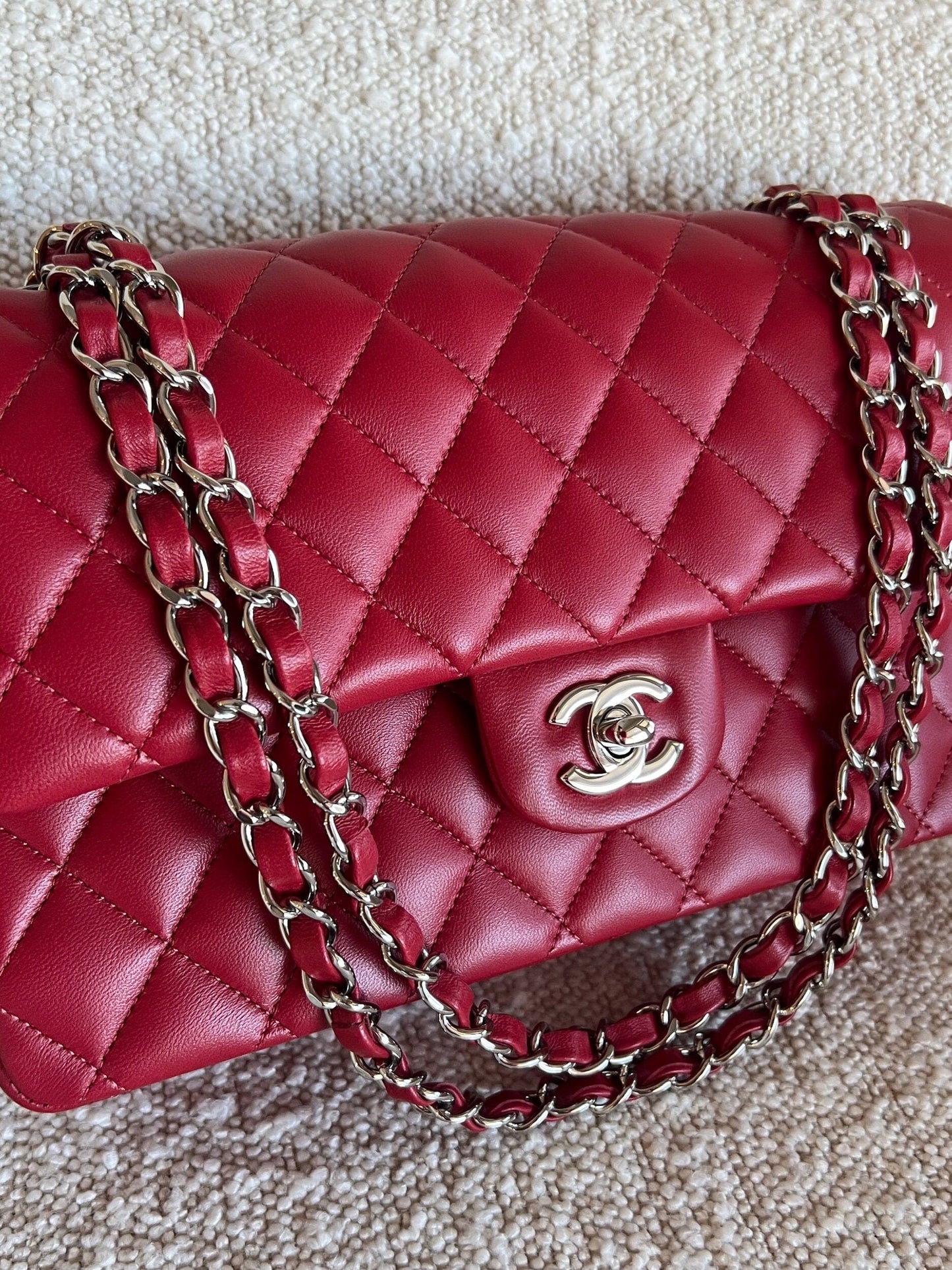 20B Red Lambskin Quilted Classic Flap Medium SHW