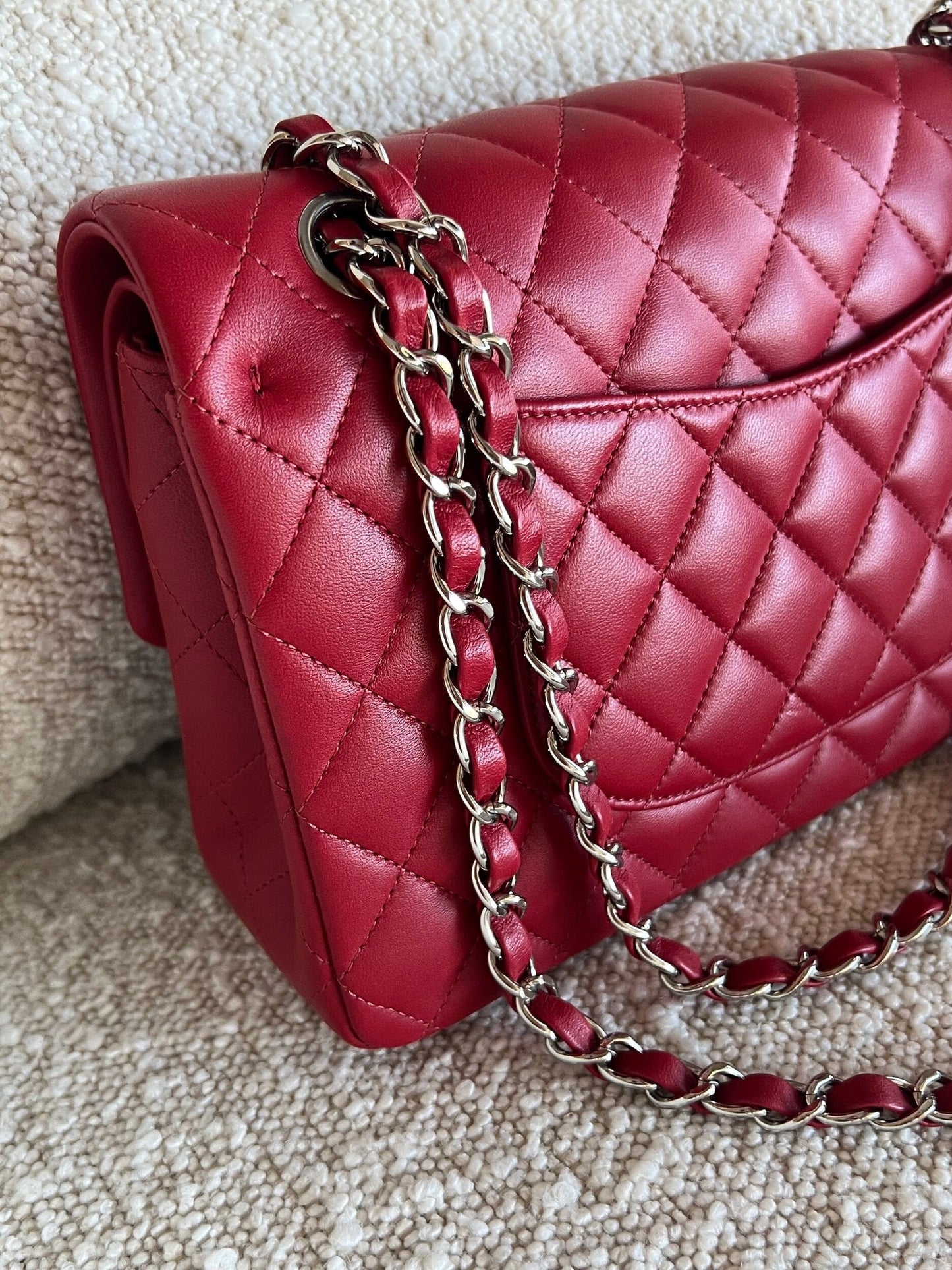 20B Red Lambskin Quilted Classic Flap Medium SHW