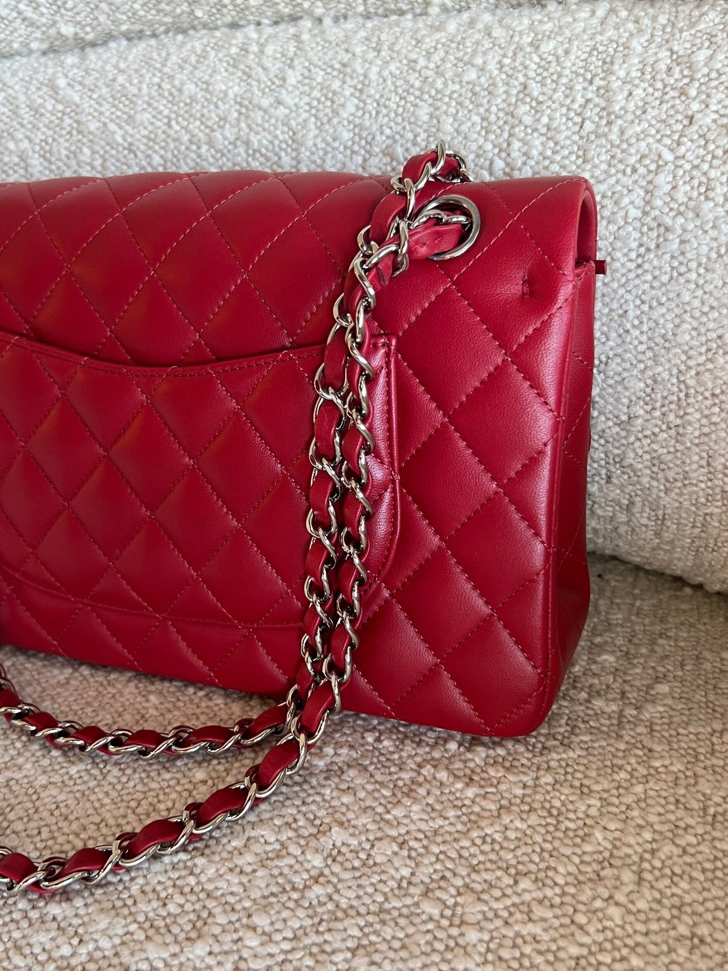 20B Red Lambskin Quilted Classic Flap Medium SHW