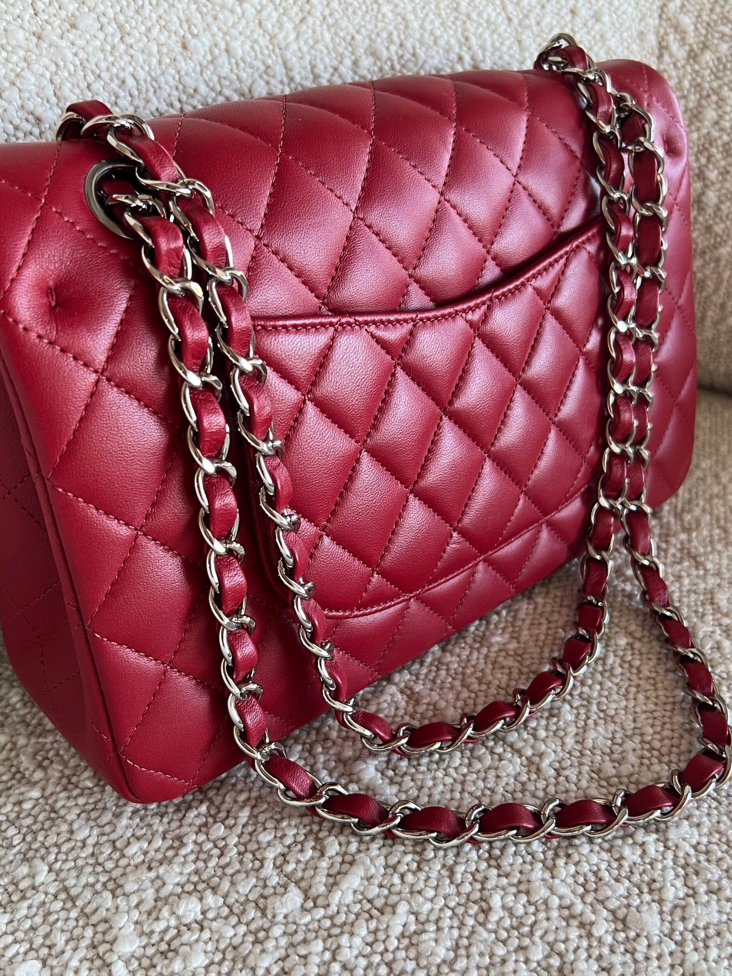 20B Red Lambskin Quilted Classic Flap Medium SHW