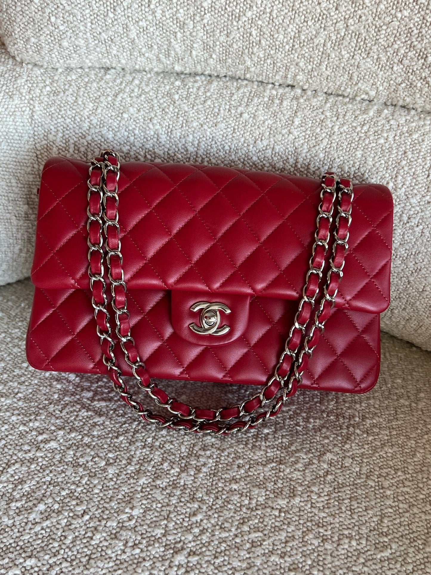 20B Red Lambskin Quilted Classic Flap Medium SHW
