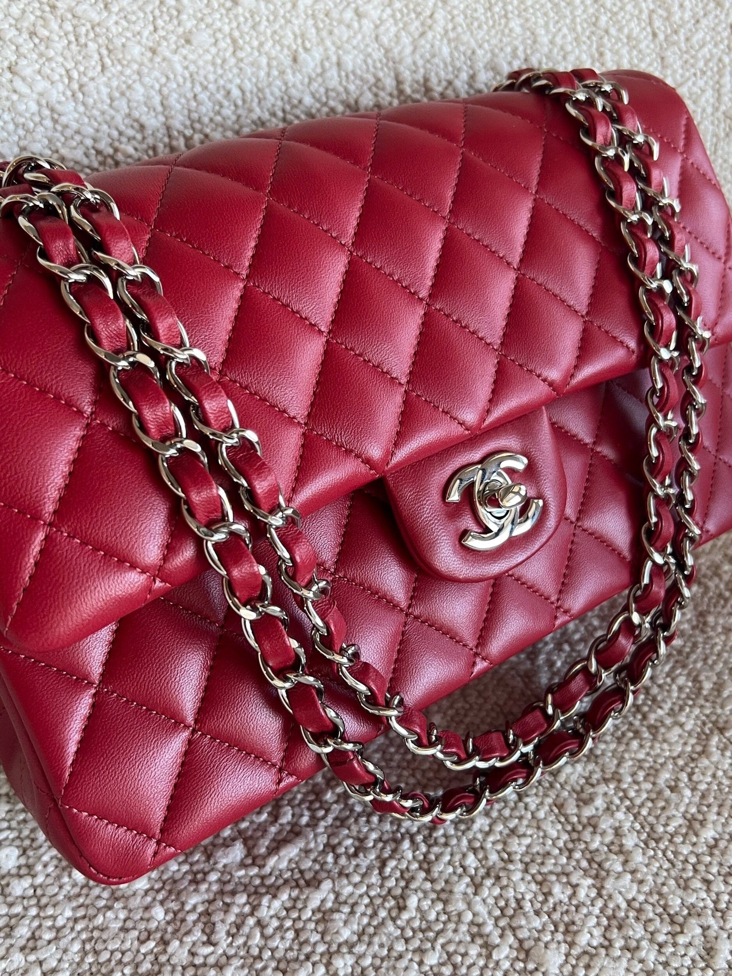 20B Red Lambskin Quilted Classic Flap Medium SHW
