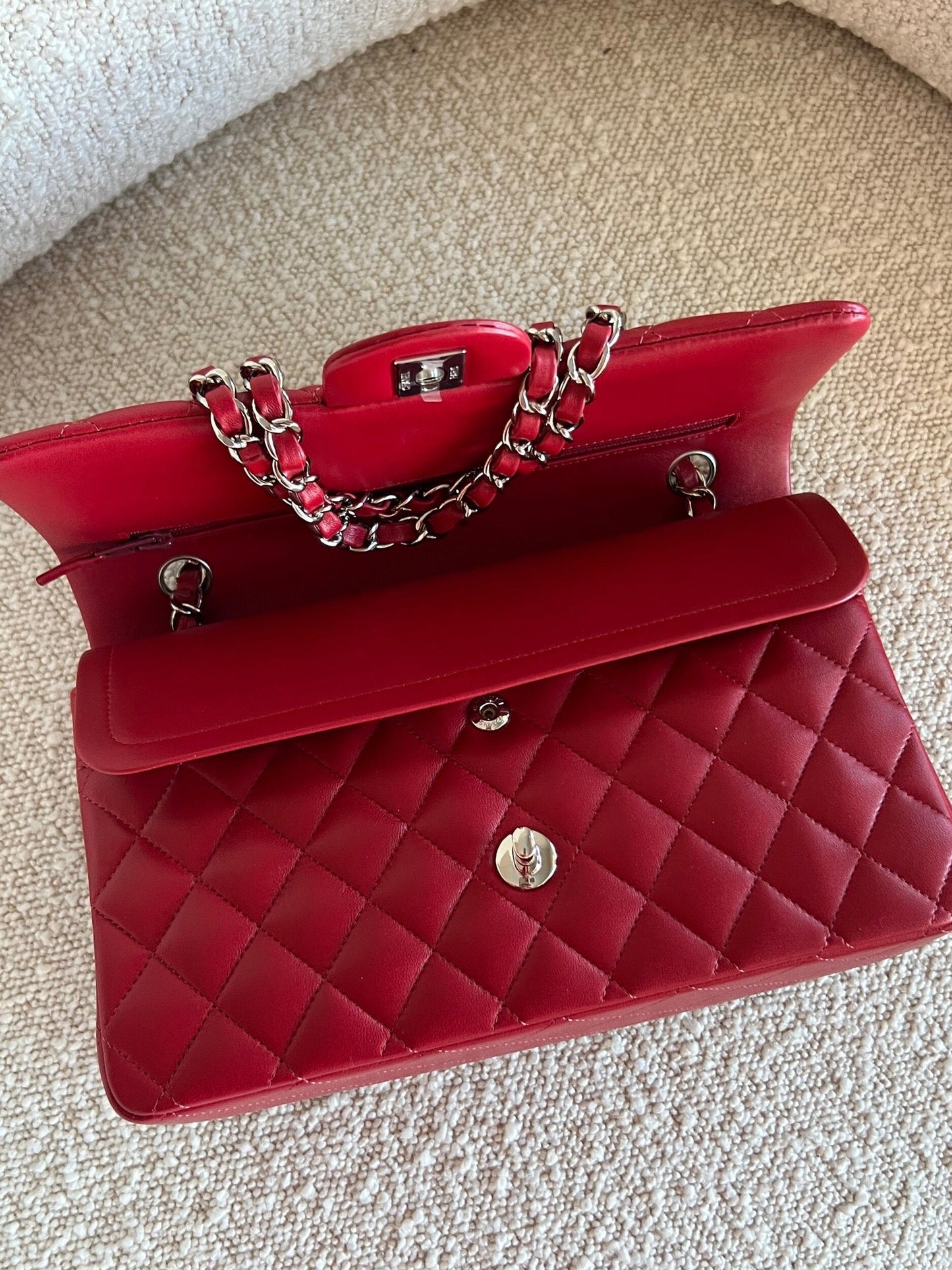 20B Red Lambskin Quilted Classic Flap Medium SHW