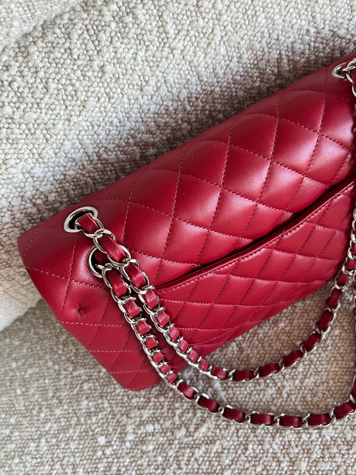 20B Red Lambskin Quilted Classic Flap Medium SHW