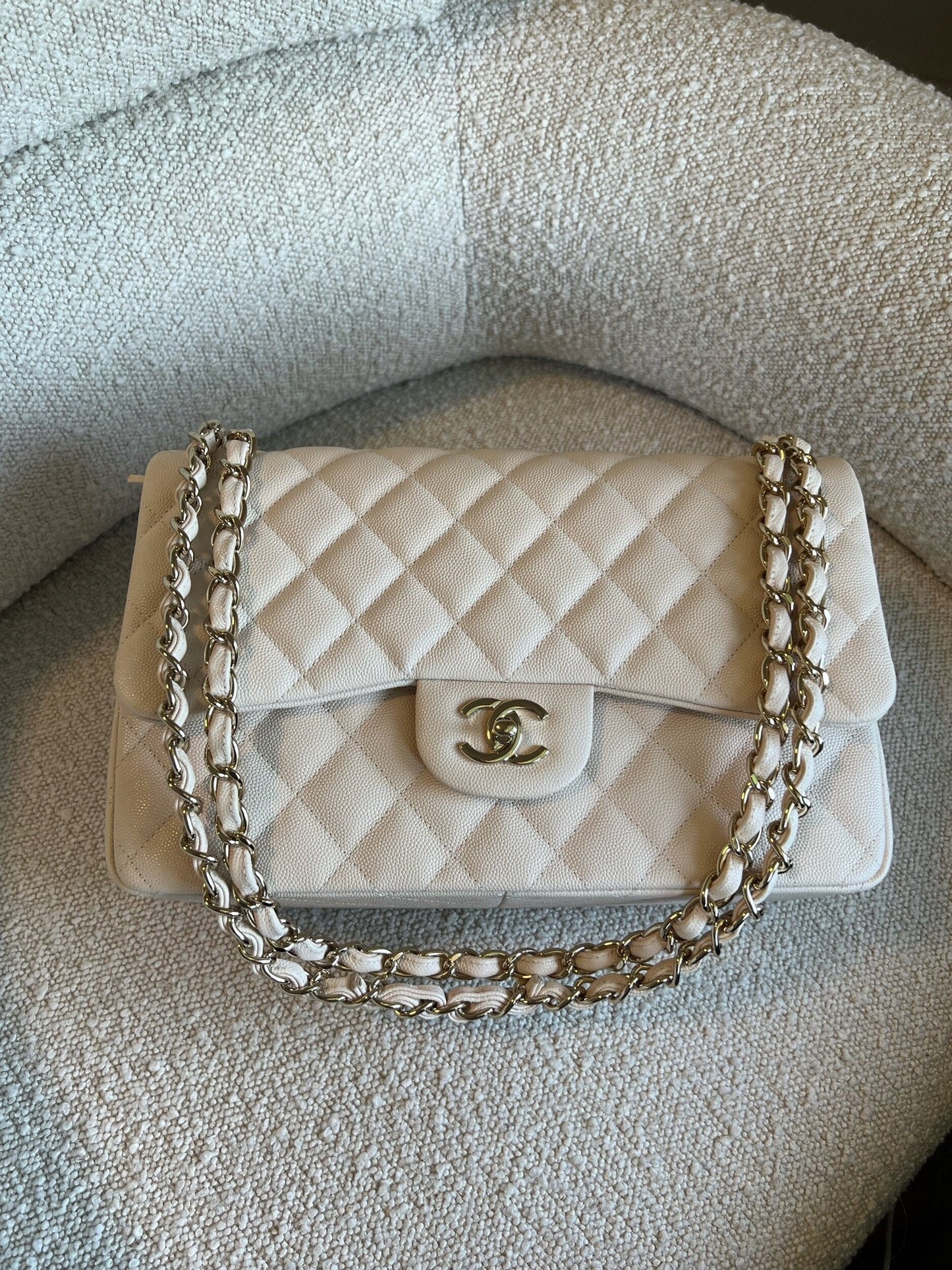 20C Light Beige Caviar Quilted Jumbo Classic Flap LGHW