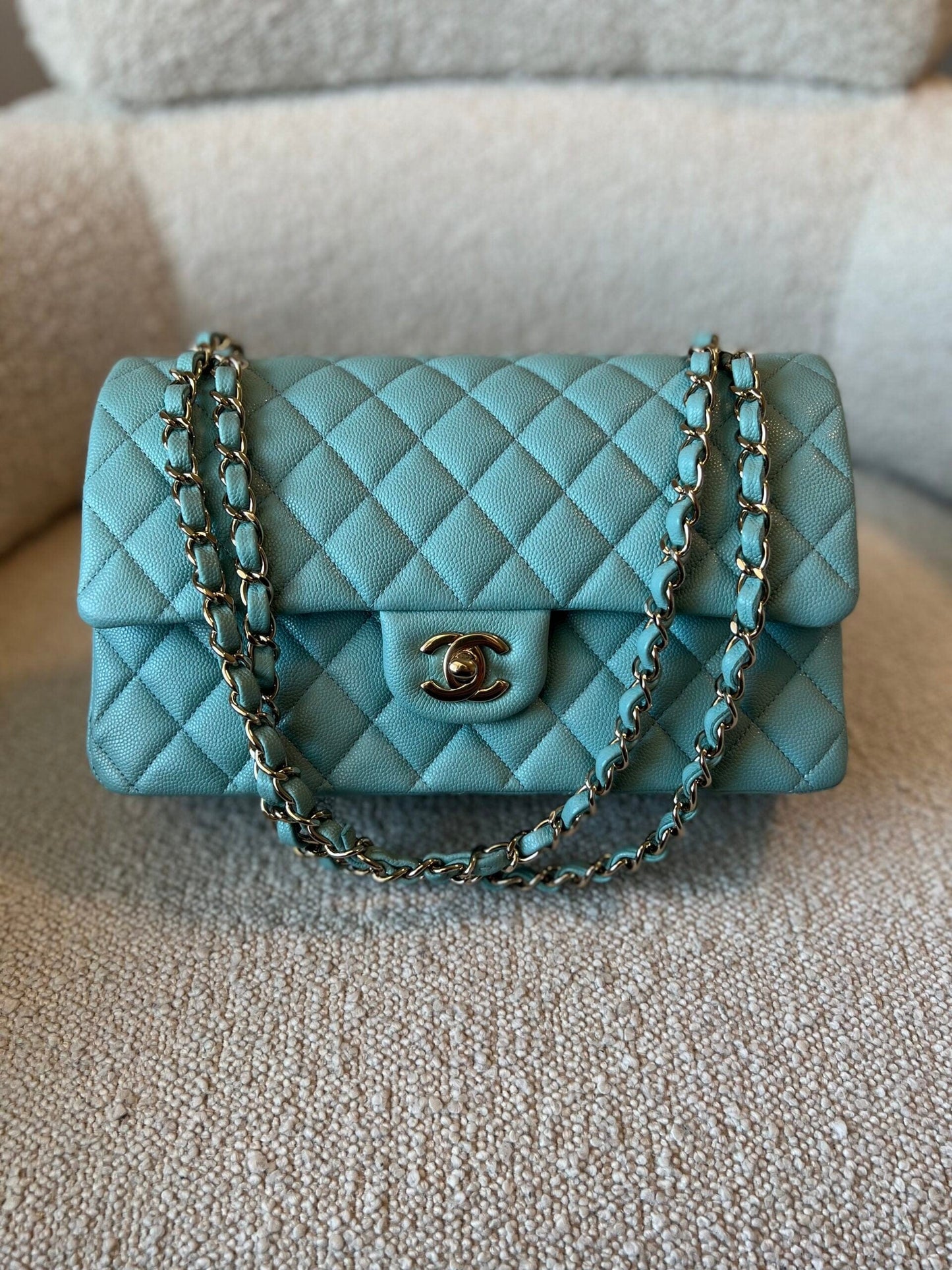 20C Tiffany Blue Caviar Quilted Classic Double Flap Medium Light Gold Hardware