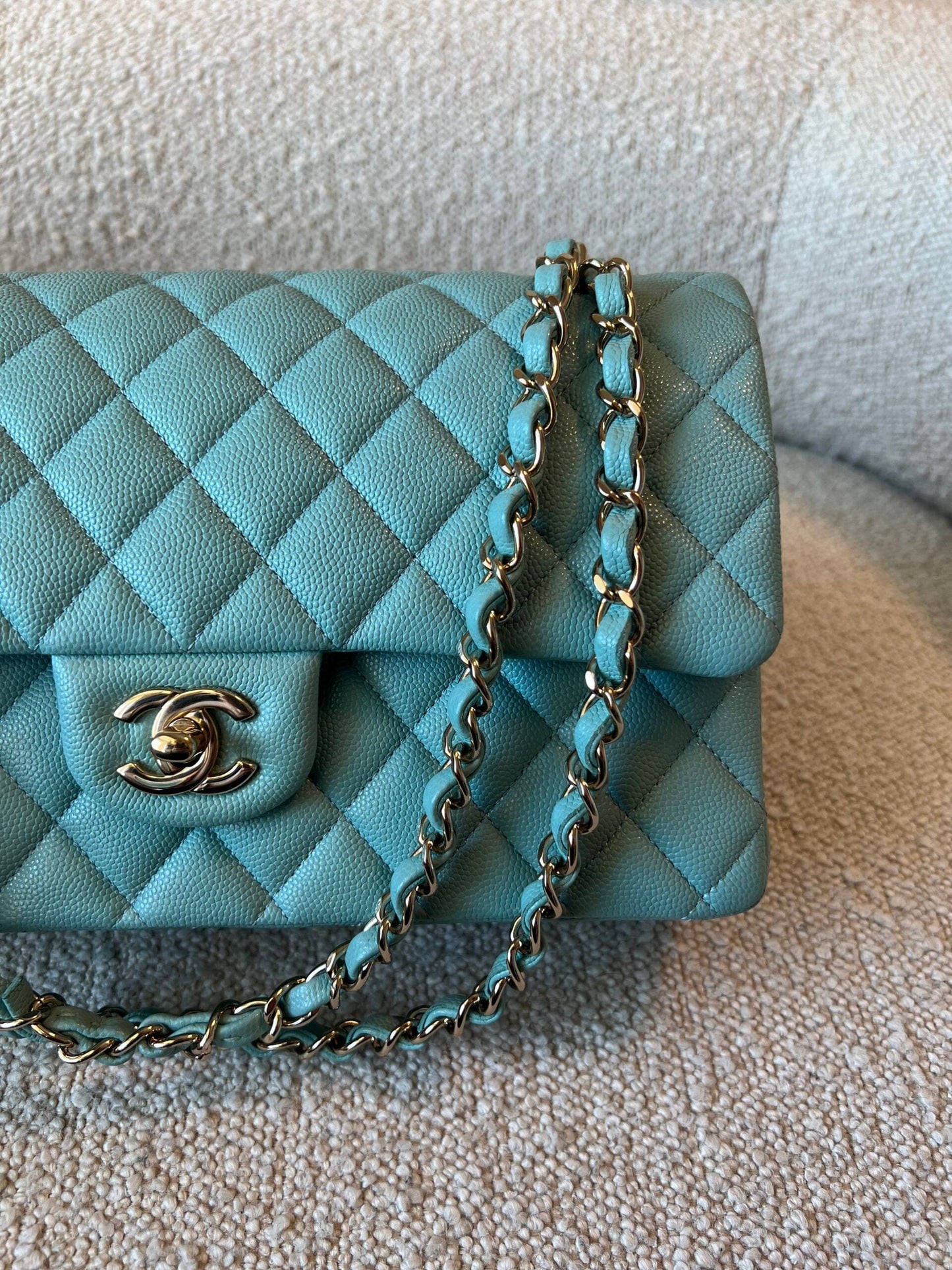 20C Tiffany Blue Caviar Quilted Classic Double Flap Medium Light Gold Hardware