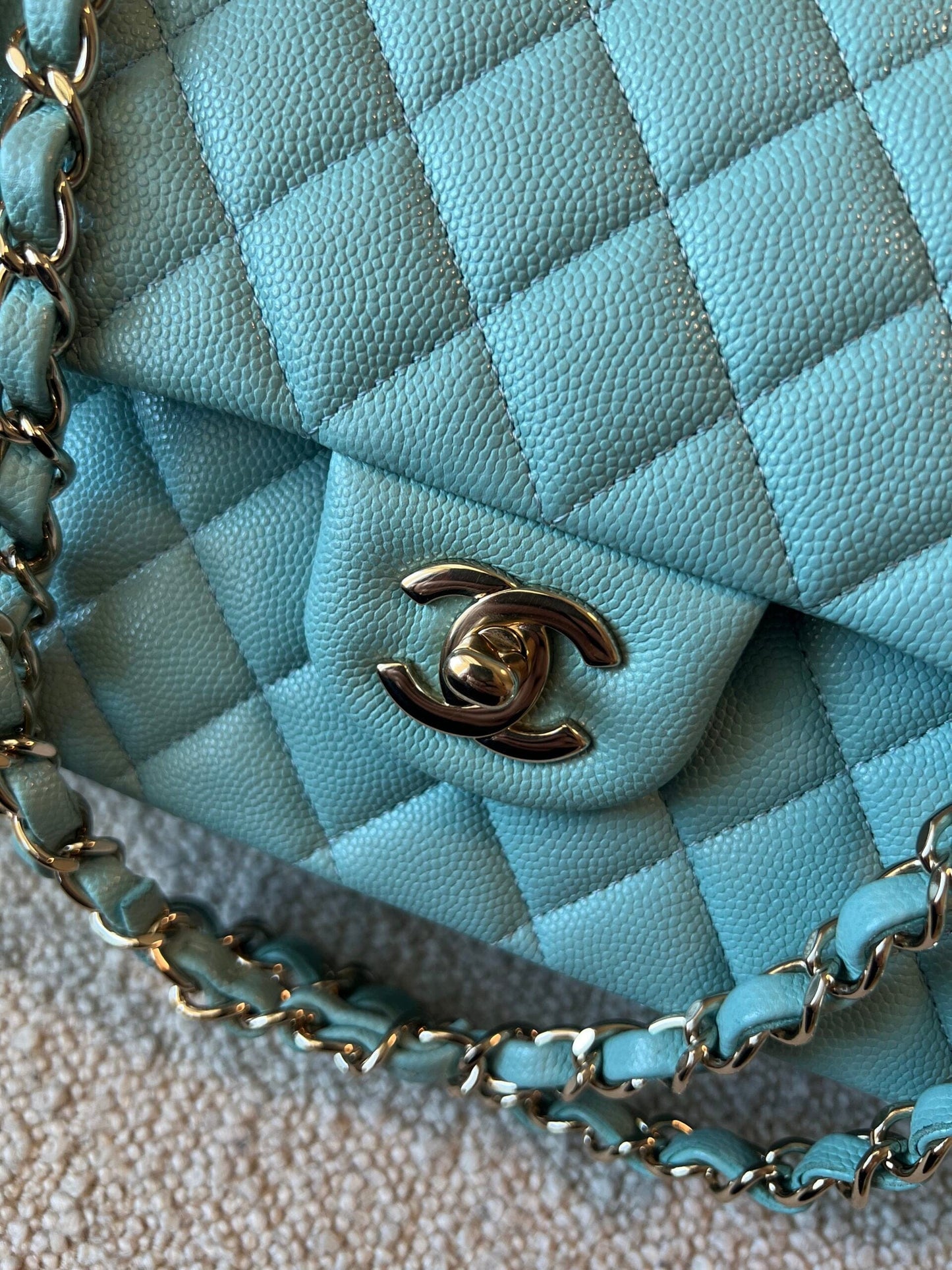 20C Tiffany Blue Caviar Quilted Classic Double Flap Medium Light Gold Hardware