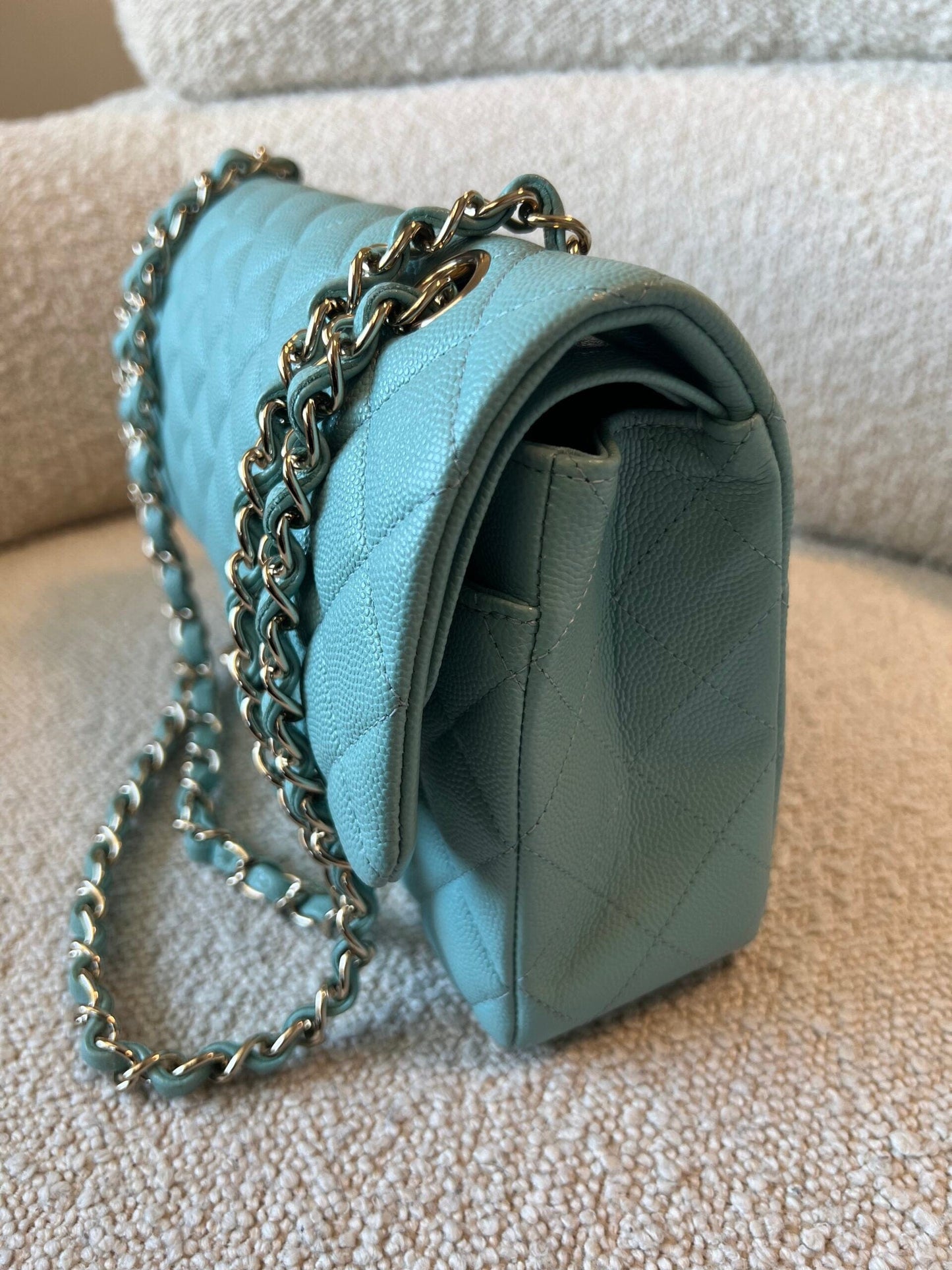 20C Tiffany Blue Caviar Quilted Classic Double Flap Medium Light Gold Hardware