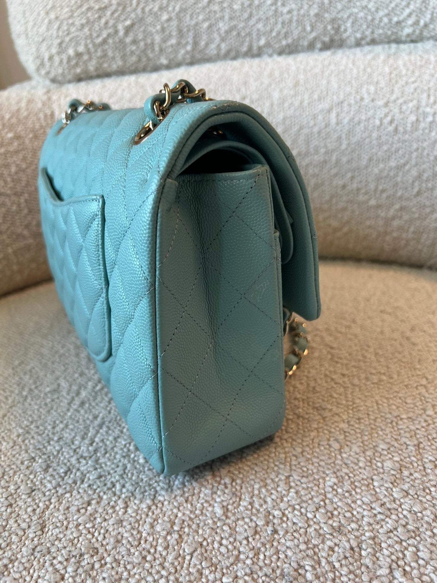 20C Tiffany Blue Caviar Quilted Classic Double Flap Medium Light Gold Hardware