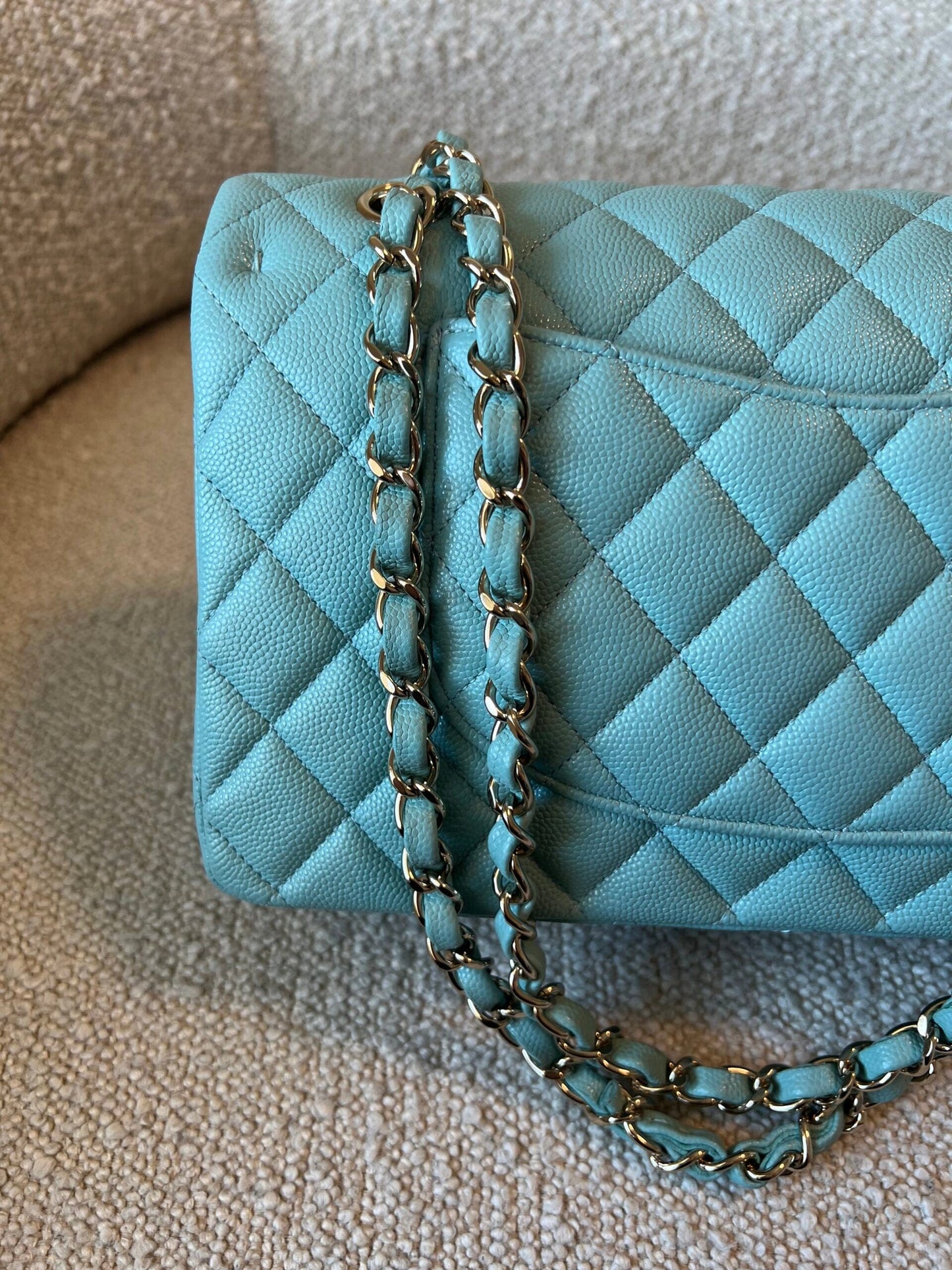 20C Tiffany Blue Caviar Quilted Classic Double Flap Medium Light Gold Hardware