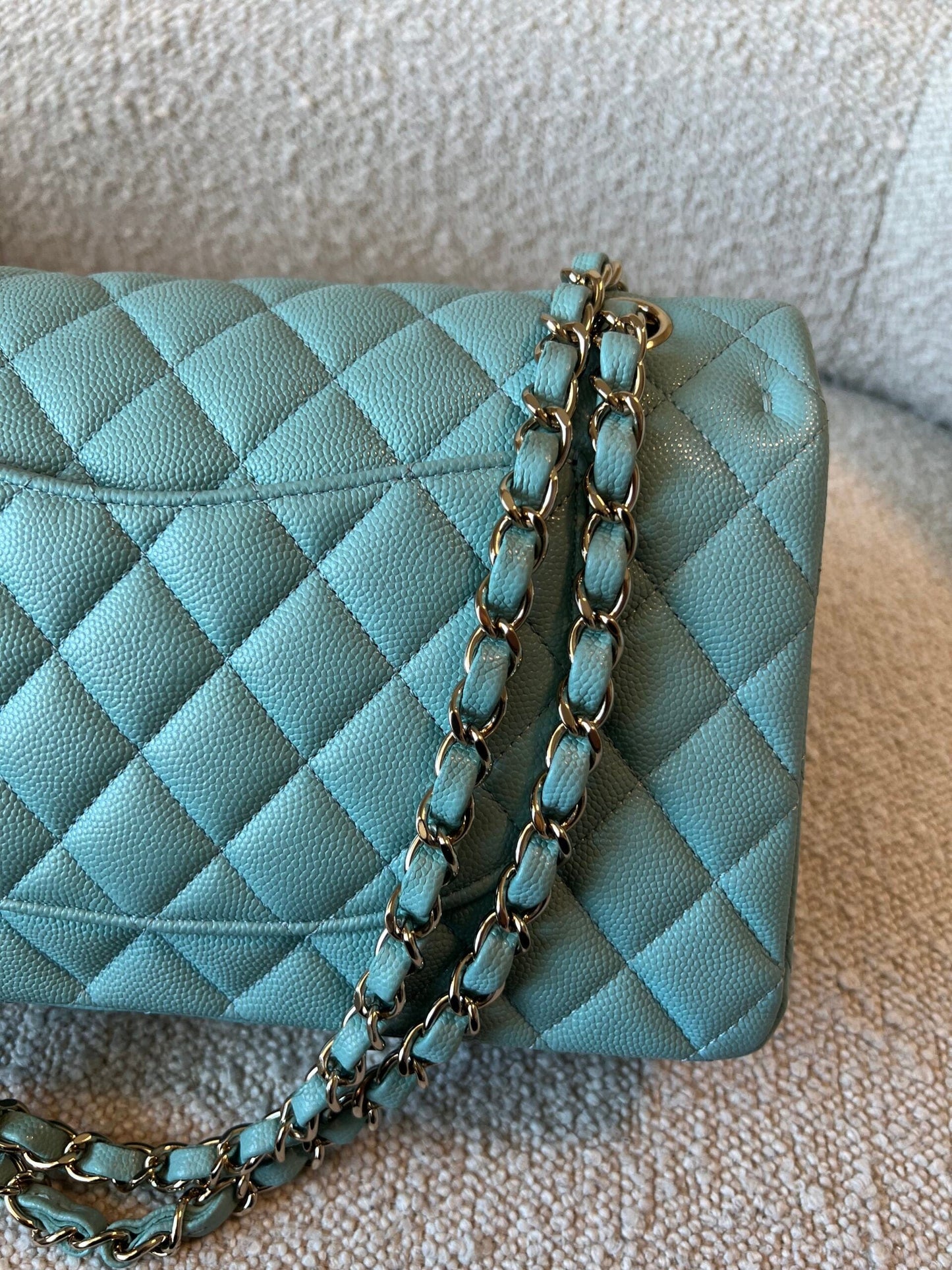 20C Tiffany Blue Caviar Quilted Classic Double Flap Medium Light Gold Hardware