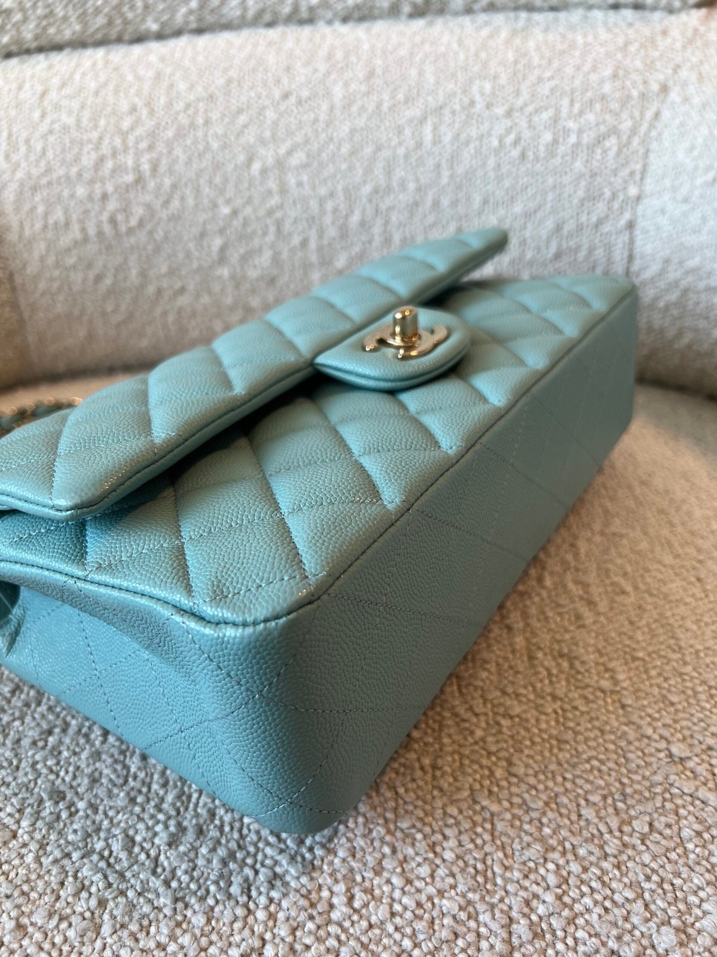 20C Tiffany Blue Caviar Quilted Classic Double Flap Medium Light Gold Hardware