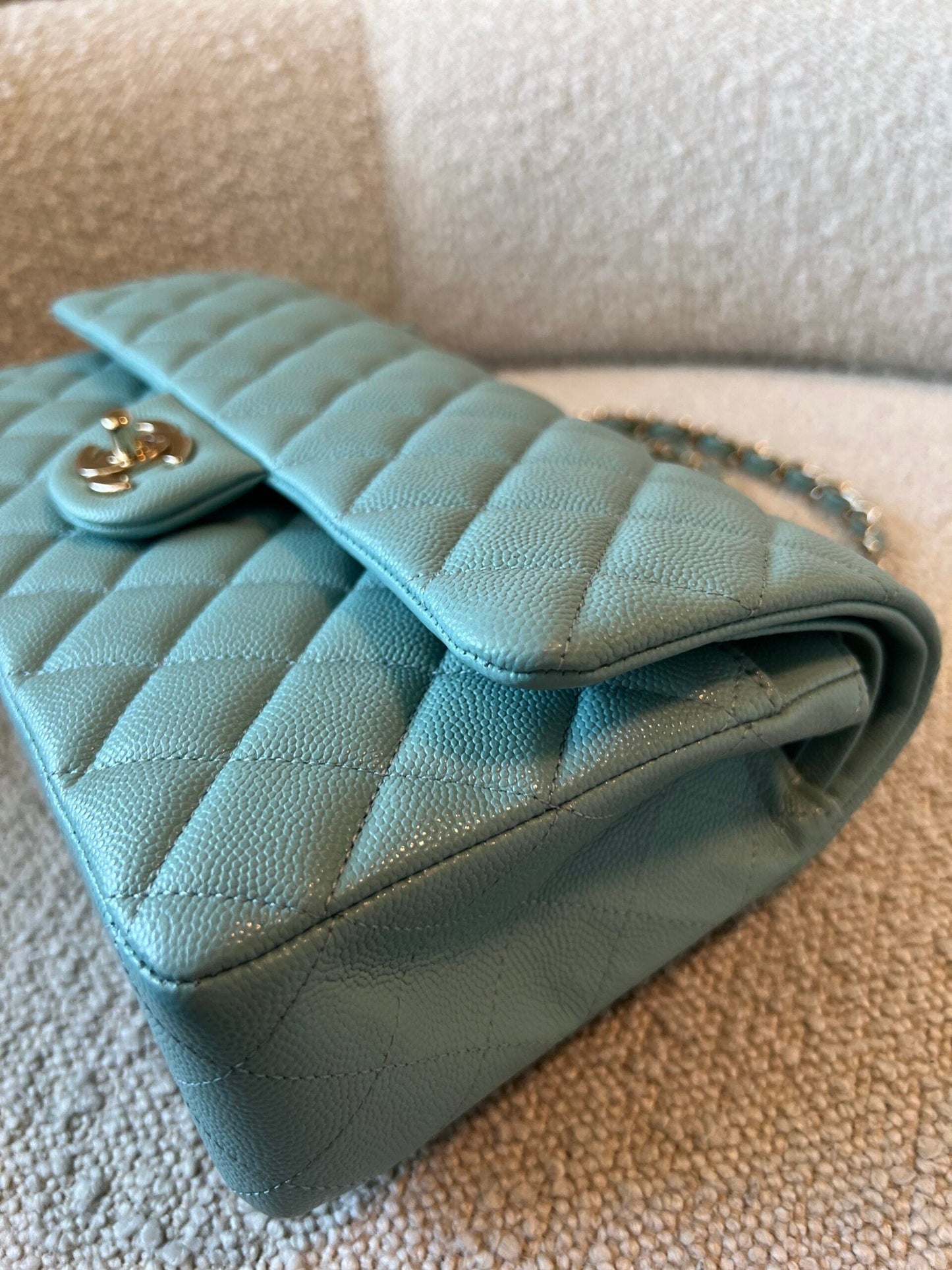 20C Tiffany Blue Caviar Quilted Classic Double Flap Medium Light Gold Hardware