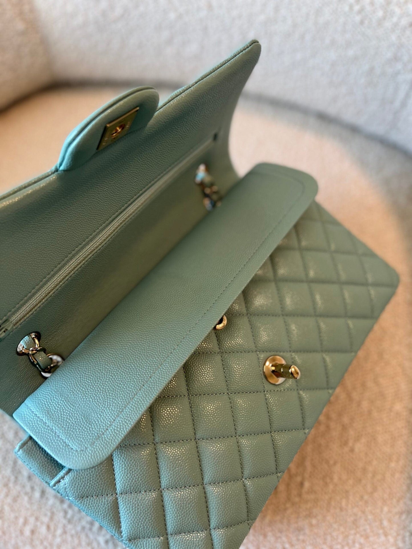 20C Tiffany Blue Caviar Quilted Classic Double Flap Medium Light Gold Hardware