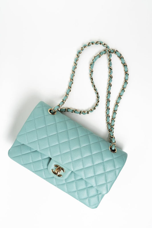 20C Tiffany Blue Caviar Quilted Classic Flap Medium Light Gold Hardware